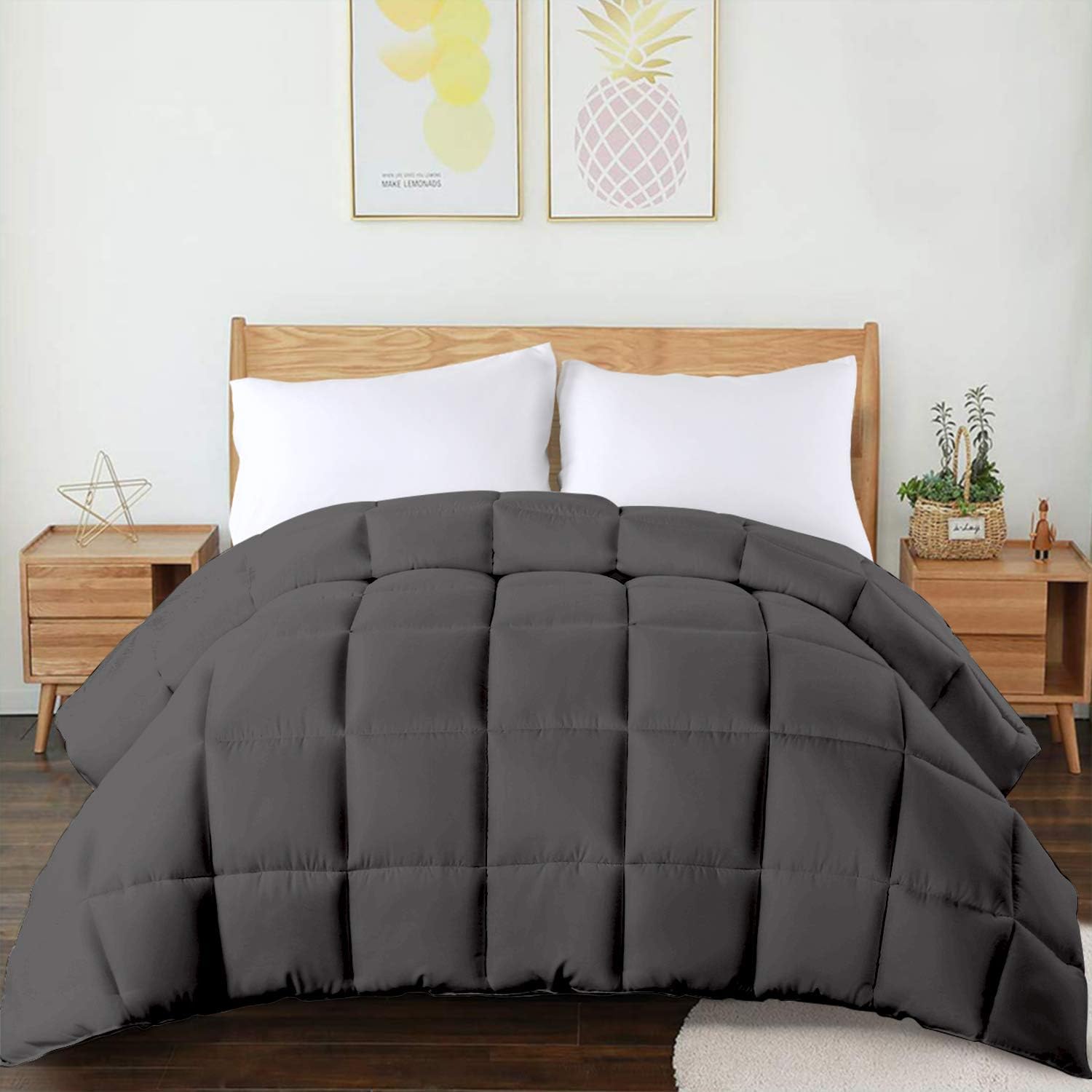 CHOKIT All Season Queen Comforter Soft Quilted Down Alternative Duvet Insert with Corner Loops, Reversible Fluffy,Charcoal Grey, 88 x 88 Inches…
