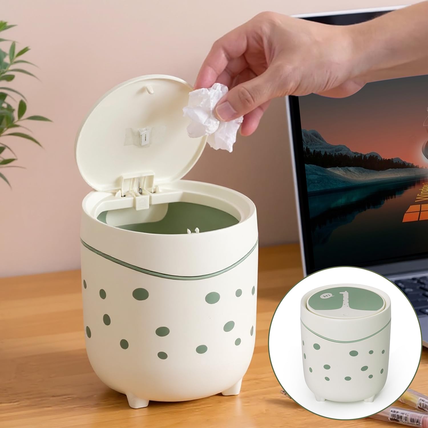 ABOUT SPACE Small Dustbin for Study Table - Mini Desktop Trash Can with Pop-Up Lid - Garbage Bin for Office Bedroom, Vanity, Bathroom - Small Size Table Dustbin (Green - L 14 x B 14 x H 16 cm)