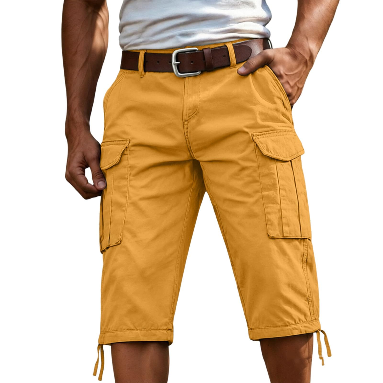 3/4 Hose Herren Cargo Shorts Männer Bermuda Shorts Multi Taschen Sommer Kurze Hose Baumwolle Arbeitshose Gummibund Lässig