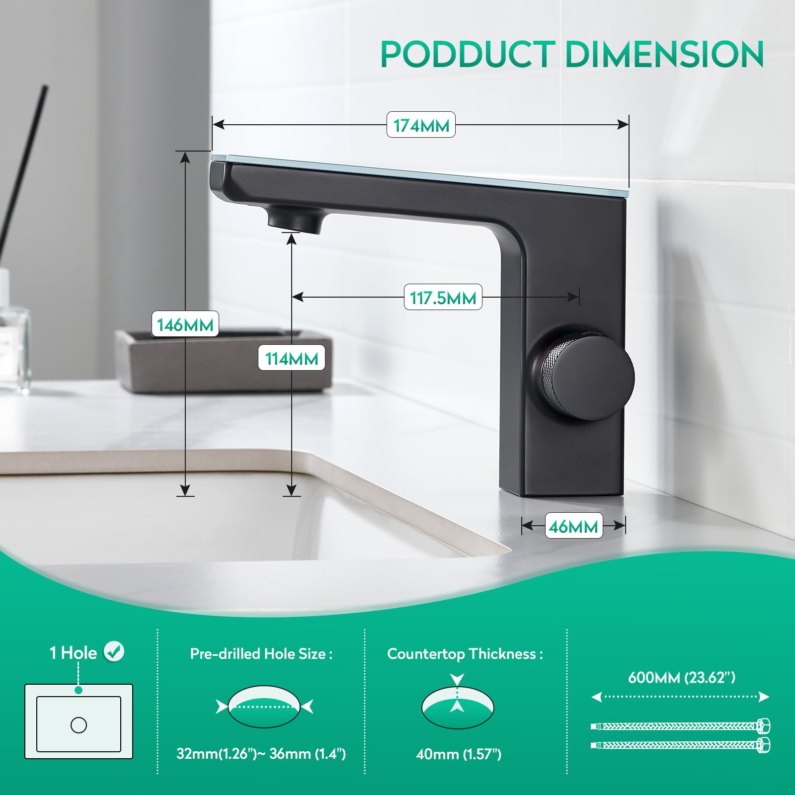 CREA Grifo Baño con Sensor Automático,Rifo de Lavabo sin Contacto, Negro | Grifo Lavabo con Sensor Infrarrojo con Pantalla Digital,Mezclador Automático de Agua Fría y Caliente