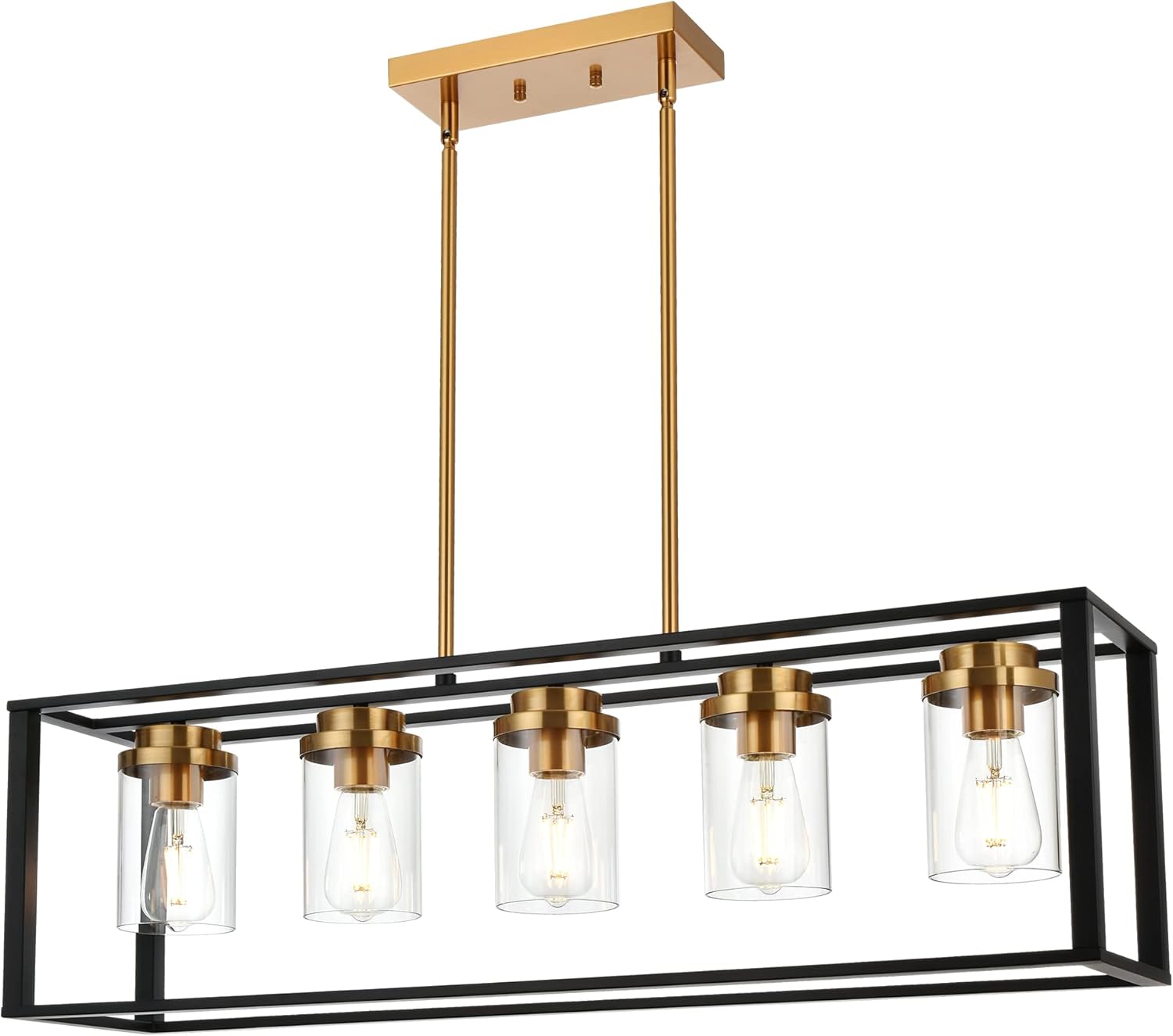 Banato Lighting 5-Light Dining Room Light Fixtures Over Table, Rectangle Chandelier Island Lighting for Kitchen Linear Pendant Lights Ceiling Hanging with Clear Glass Shade, Black and Brass Finish