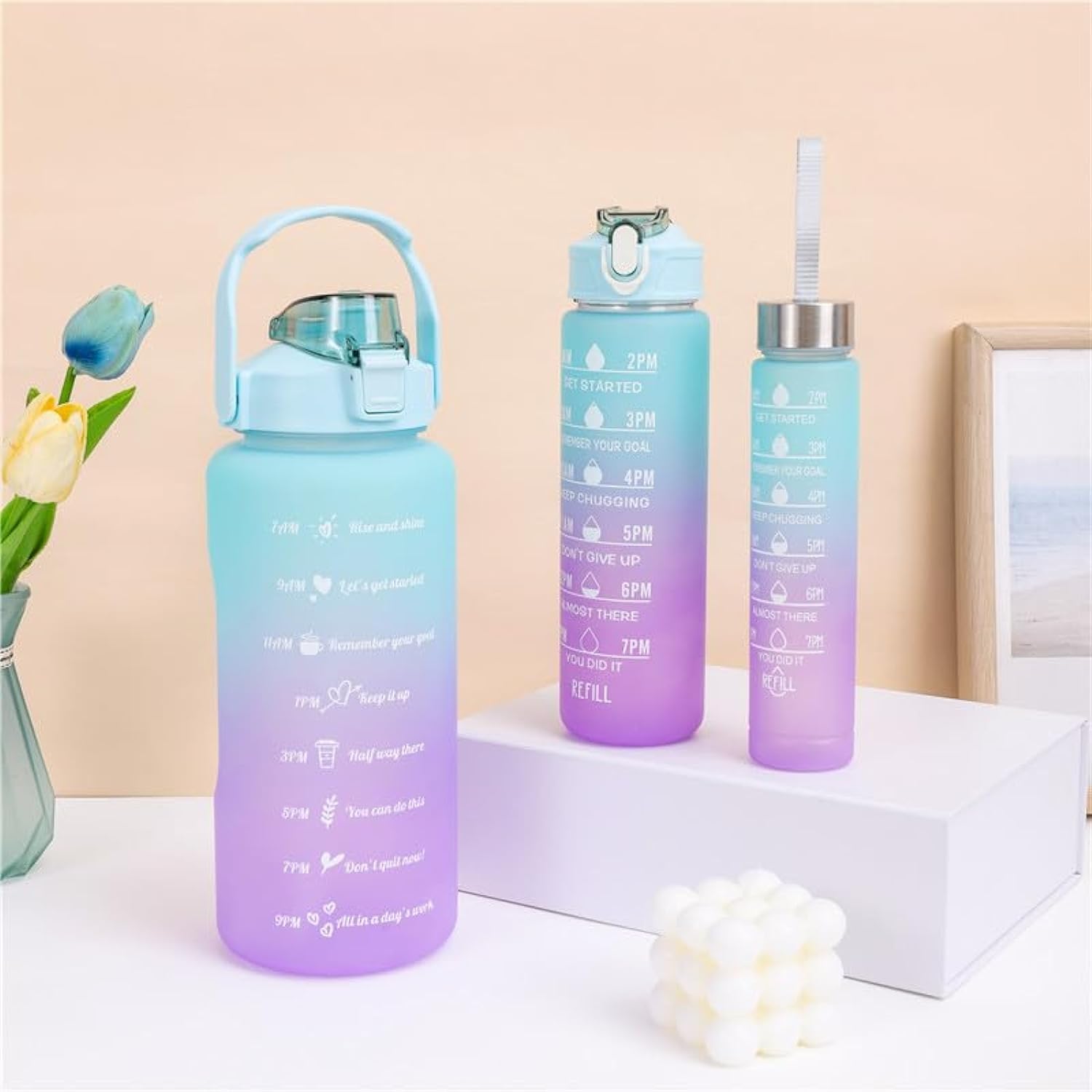3 Pack Water Bottle to Drink, Motivational Time Markings, Large Drink Bottle for Adults,2 litre plastic Bottle, Leak-Proof Big Bottle for Gym Sports & School