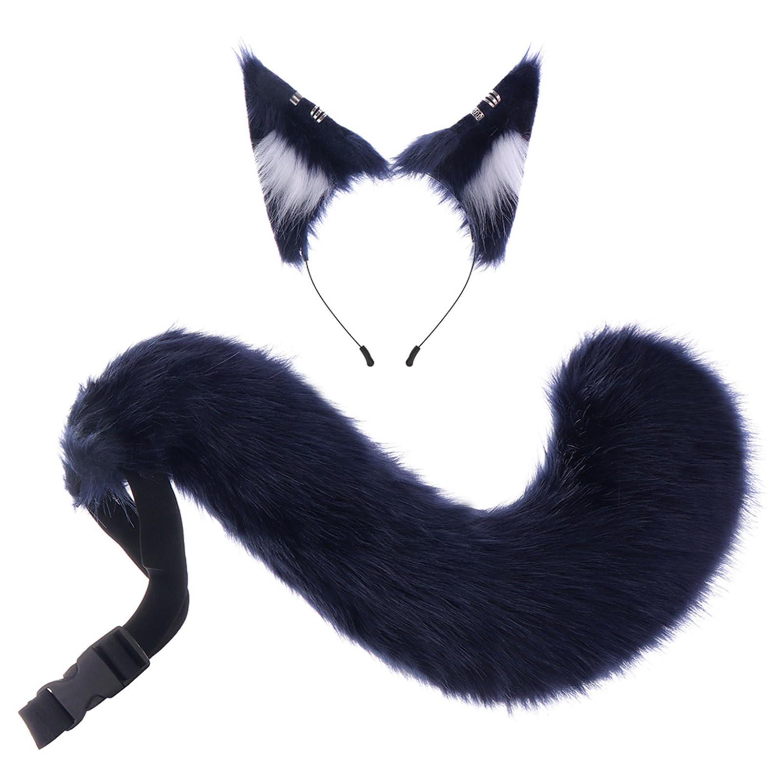 Gliswaieuznd Fluffy Cat Fox Wolf Ears and Tail Set Faux Fur Animal Headband and Poseable Tail for Halloween Cosplay Anime Outfits (Navy, One Size)