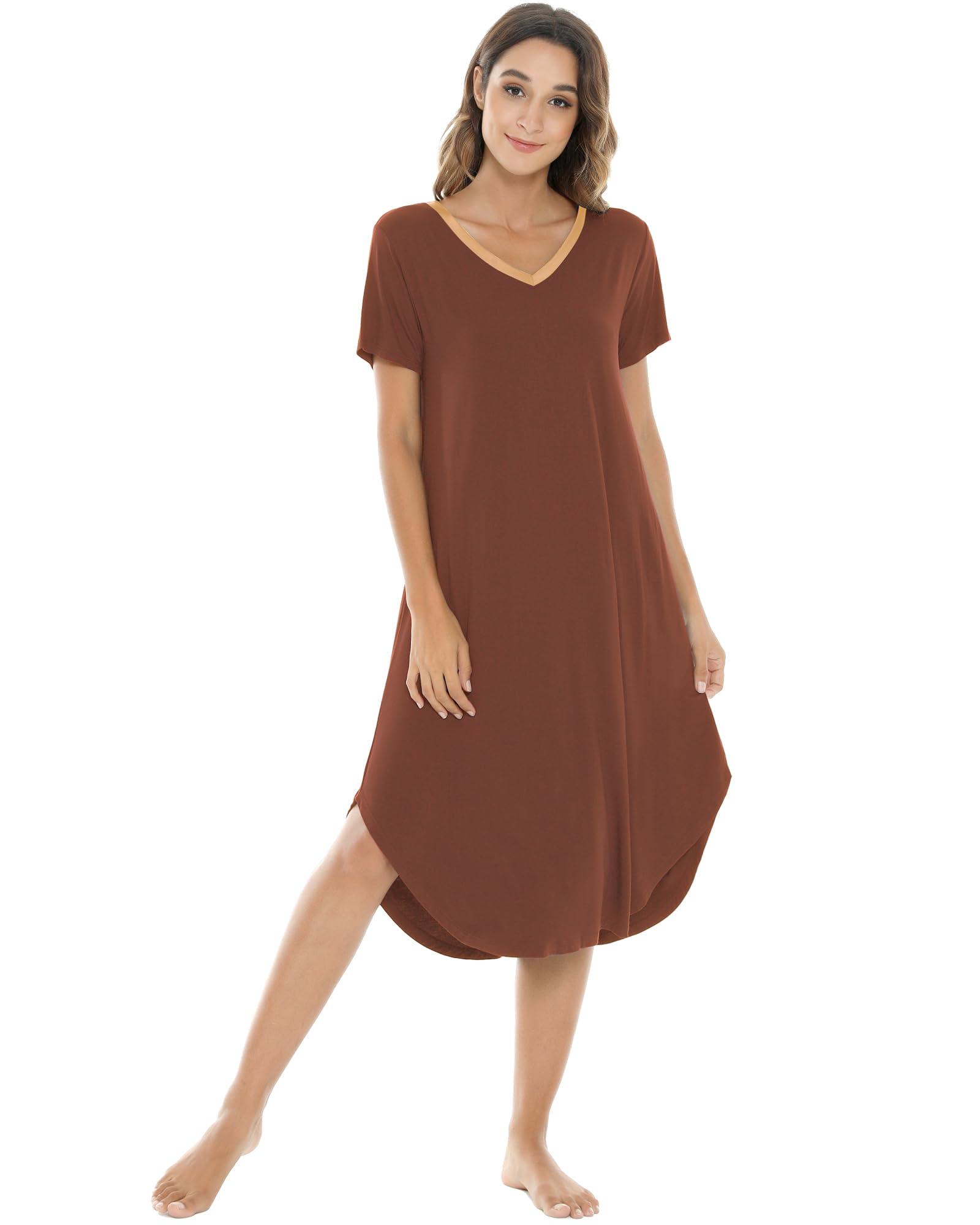 NACHILA Bamboo Viscose Nightgowns for Women Cooling Short Sleeve Sleepshirt | Soft V Neck Night Gowns, Moisture-Wicking Sleepwear for Hot Flashes &amp; Night Sweats, Ladies Nightshirts for Sleep, Home, Gift