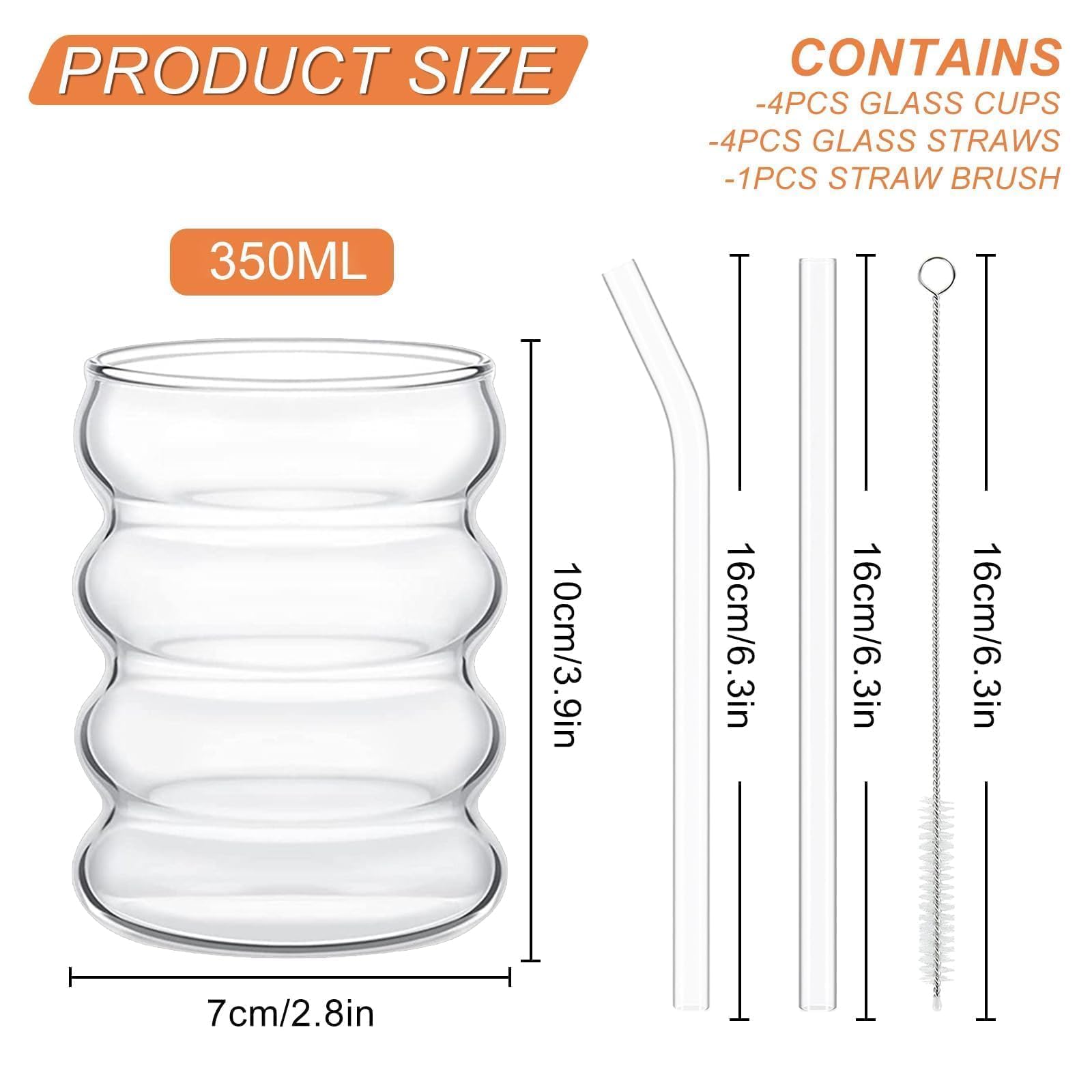 350ml Bicchieri Della Bolla con la Paglia,Set di bicchieri a Coste 4pcs,bicchieri Dell'Onda Tumbler di Vetro,Bicchieri Dell'Acqua per Il Latte Macchiato Caffè Freddo Whisky Cocktail Caffè Soda (B)