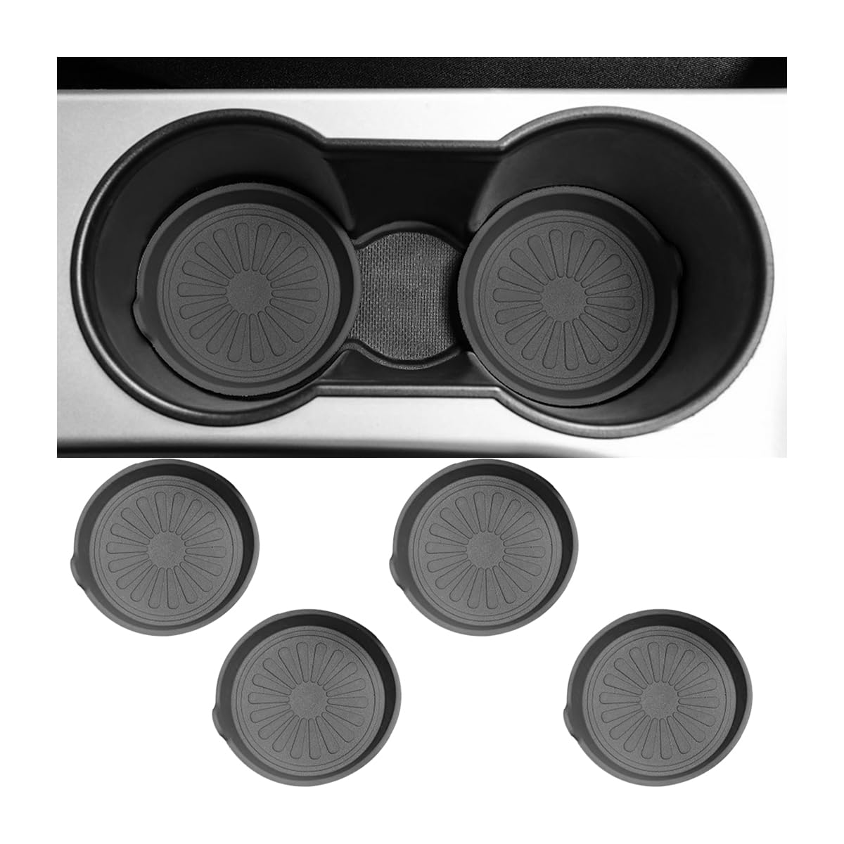 BESULEN Car Coasters for Cup Holder, 4 Pack TPE Universal Waterproof Non-Slip Auto Drink Mat, Sift-Proof Spill Holder Car Interior Accessories, Removable Cup Coasters for Car Truck SUV (Black Flower)