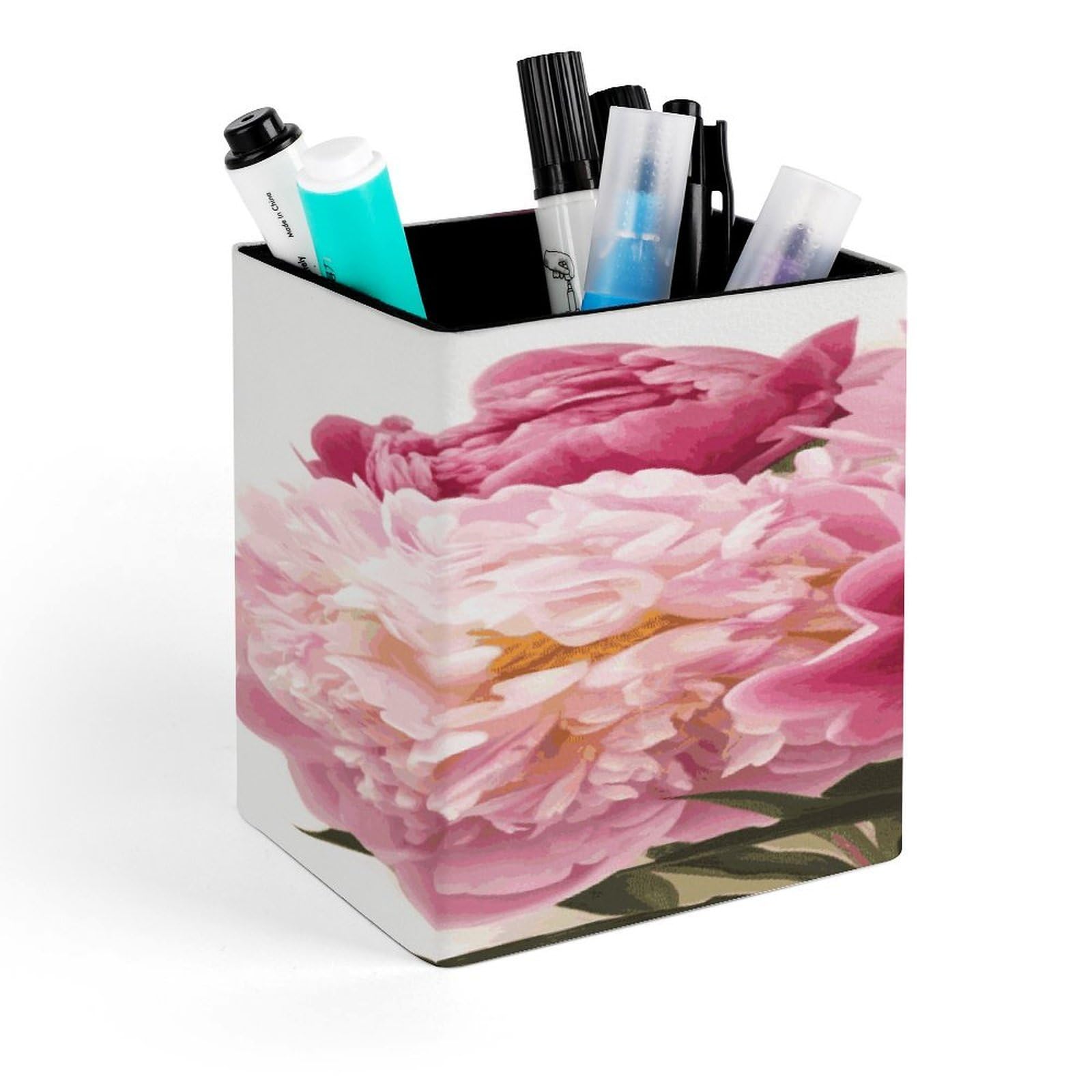 JTREHY Peony Flowers Blossom Pen Holder Square Pen Pencil Holder Makeup Brush Holders Cup PU Leather Pencil Cups Desktop Caddy Stationery Organizer Case Office Accessories Container Box