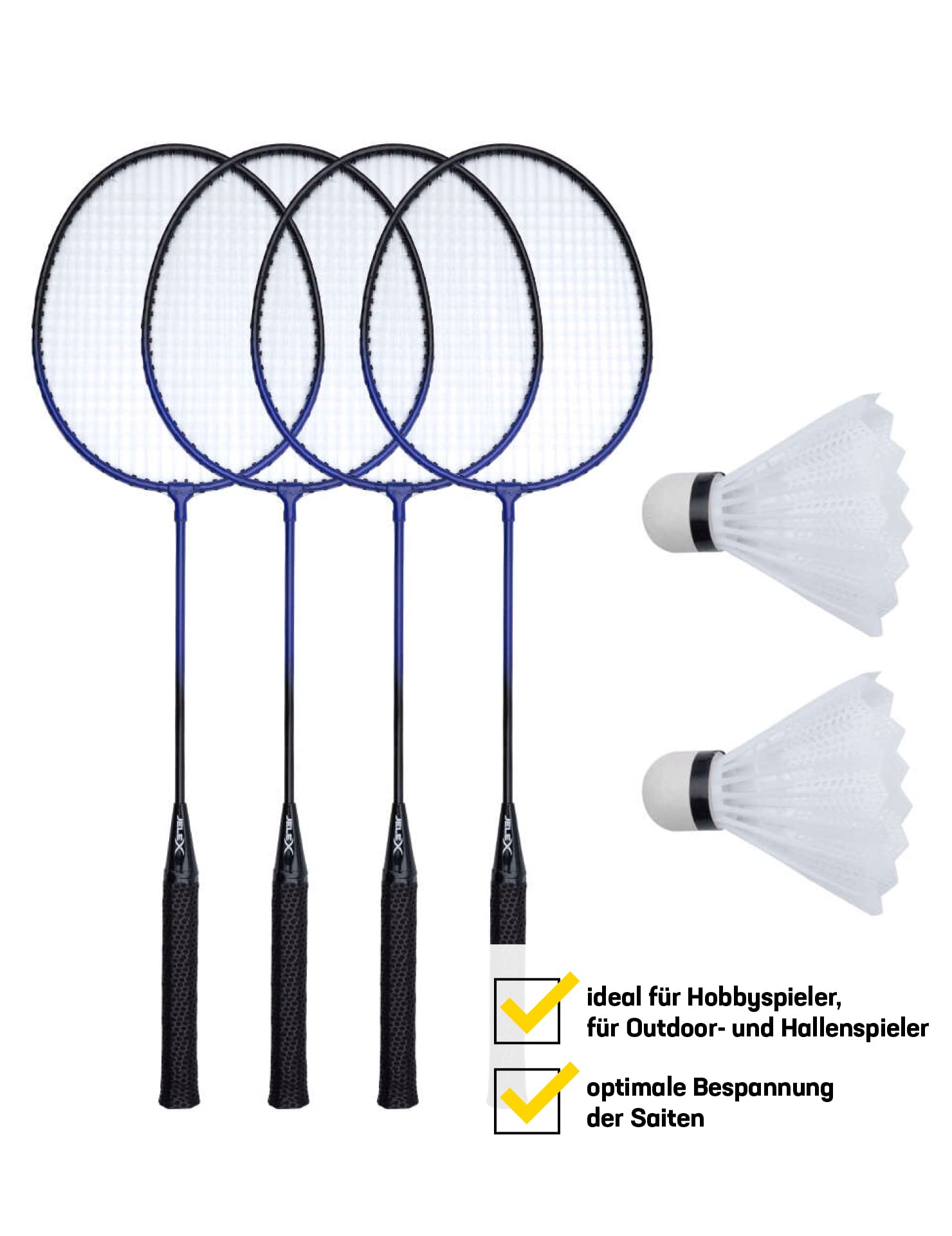 JELEX Big Utd. Lot de 4 raquettes de badminton avec 2 balles et filets, avec sac de badminton bleu de qualité supérieure pour la famille pour jouer et s'entraîner