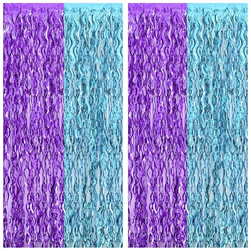 Image of KatchOn, Large Wavy Purple and Blue Fringe Curtain - Pack of 2 | Mermaid Birthday Decorations, Beach Party Decoration | Purple and Blue Foil Fringe for Under The Sea Party Decorations