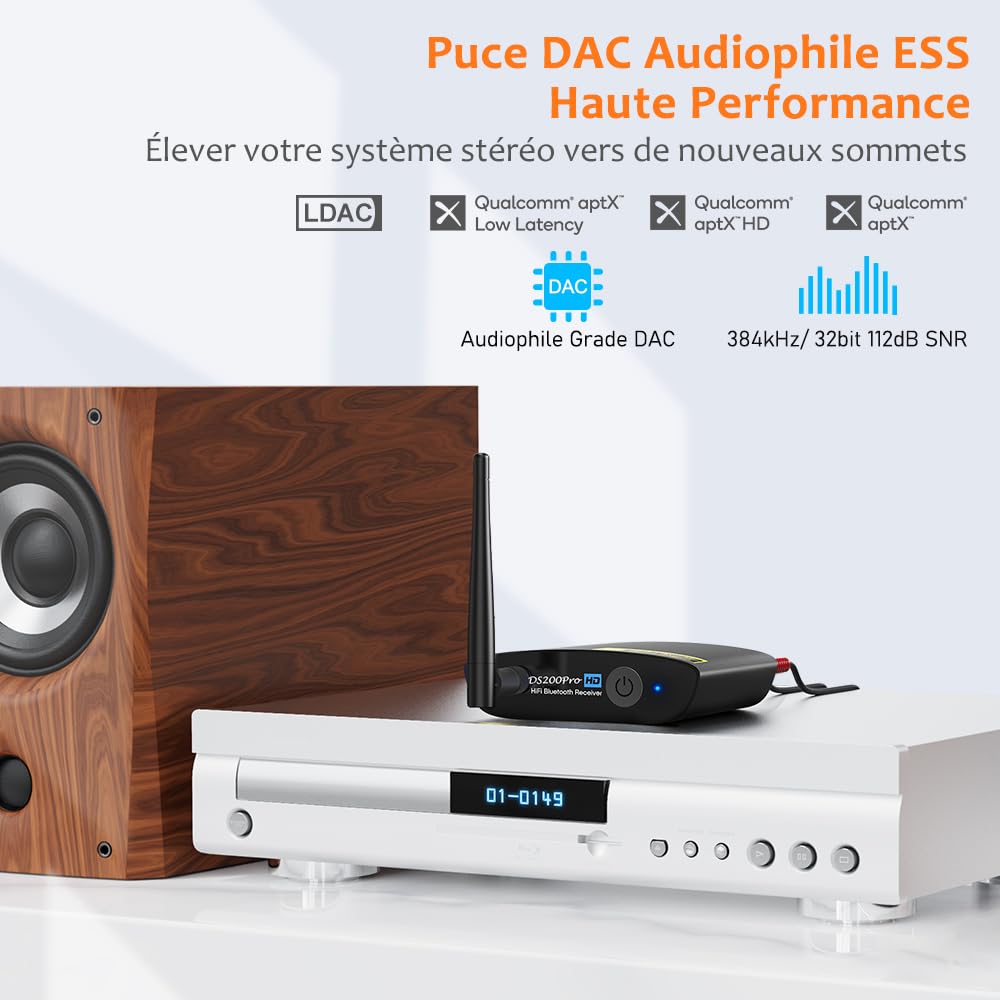 1Mii DS200Pro HiFi Récepteur Bluetooth 5.3 avec DAC Audiophile, LDAC Adaptateur Audio sans Fil pour Chaîne Stéréo, aptX HD/LL, Longue Portée, Diffusion de Musique vers Haut-parleurs, RCA Optique