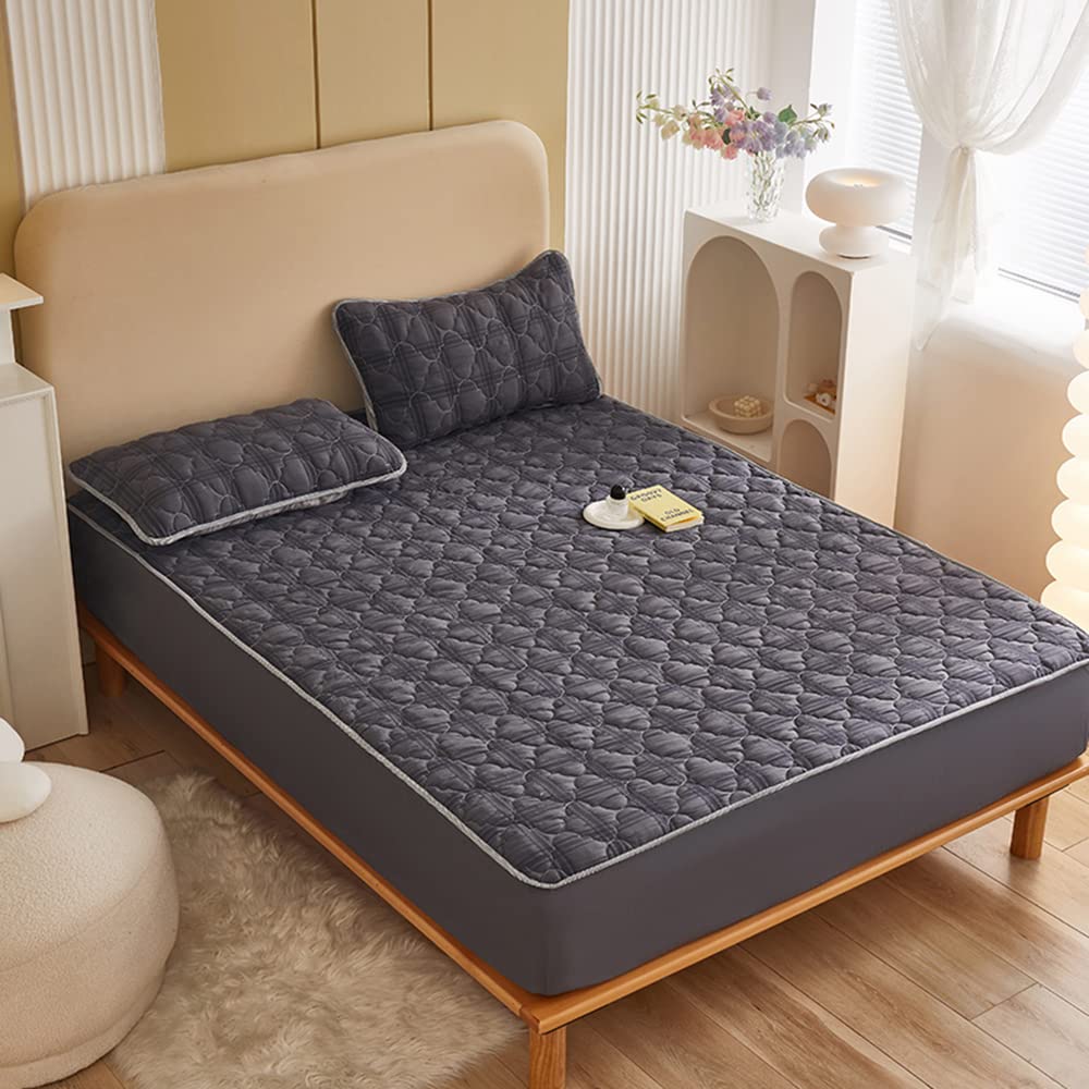 Mengersi Seersucker Fitted Sheet,Thickening Bottom Sheet Mattress Cover Quilted Protectors Cover-Deep Pocket Fitted Sheet Only (Not Include Pillowcases) (Gray, Twin)