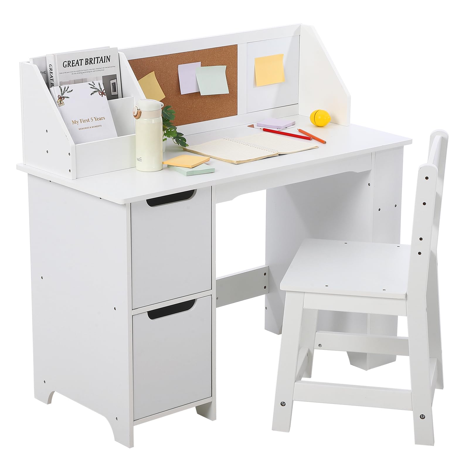 Bureau Enfant Chaise MDF Rangement 94cm,Table d'étude, Blanc
