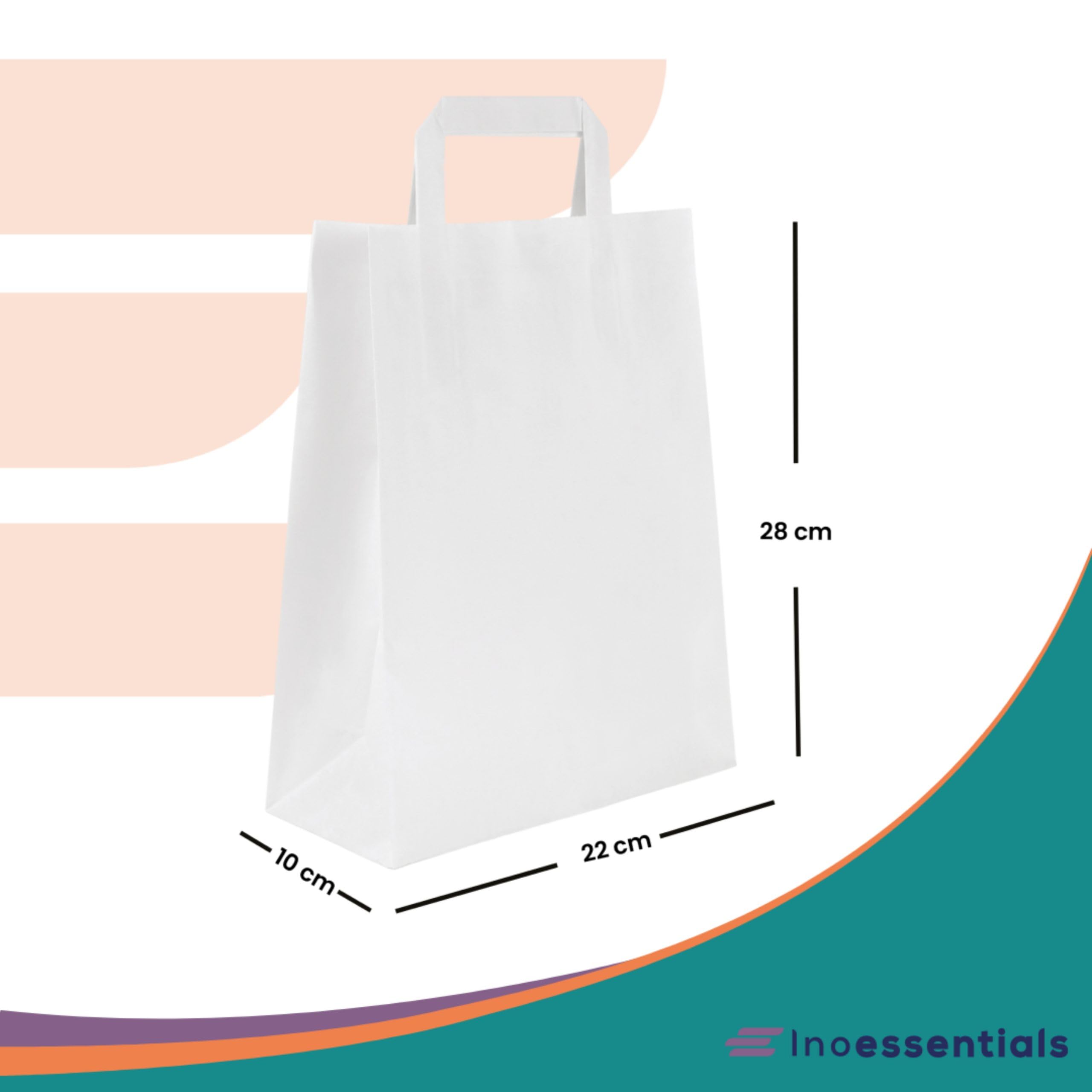 Inoverse Lot de 250 Sacs en Papier Kraft avec Anses, 22 x 10 x 28 cm, Grands Sacs en Papier Recyclables et Résistants pour Courses, pour Le Shopping, Boutiques et Cadeaux, Blanc