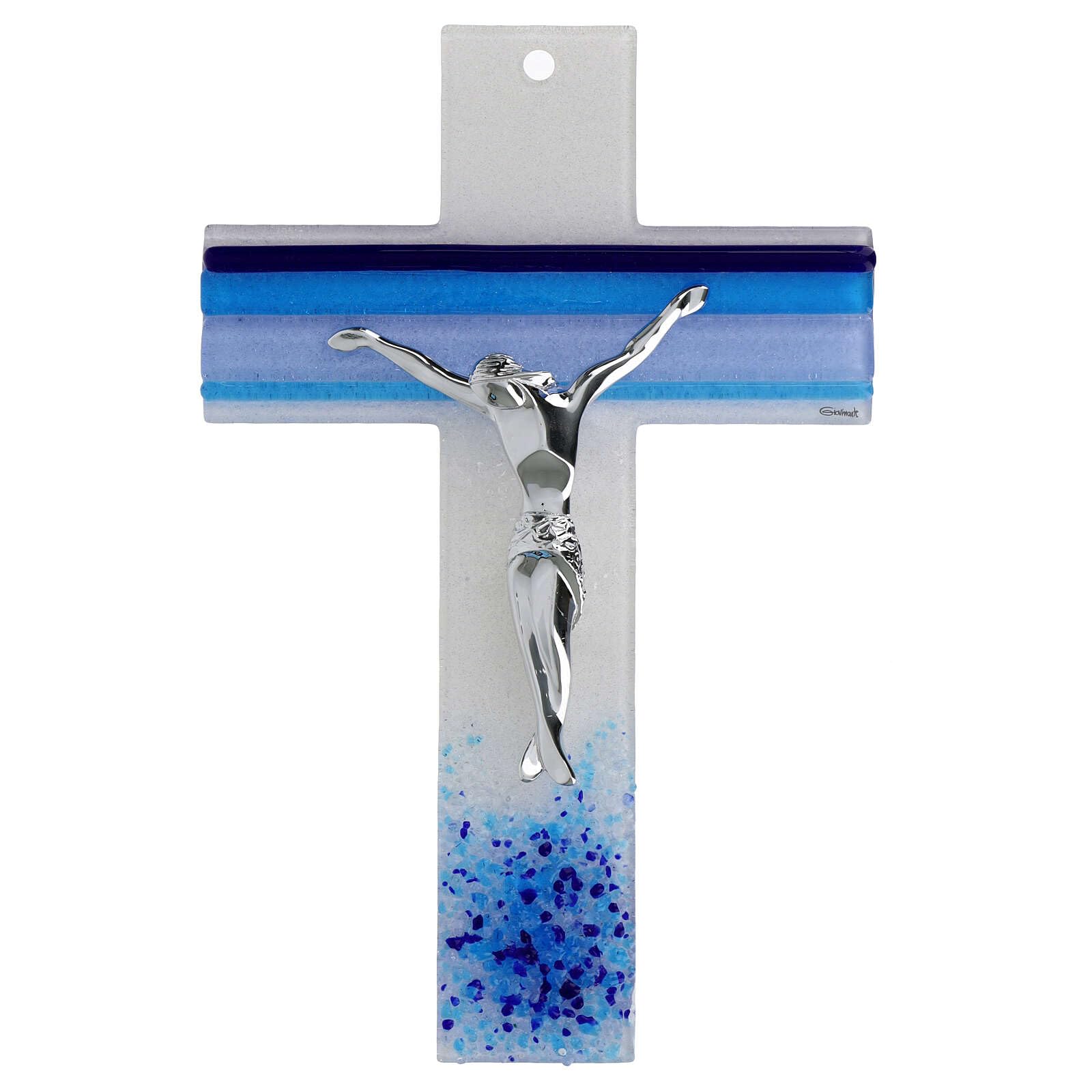 Holyart Crocifissi in vetro e plexiglass: Crocifisso vetro linee blu Murano corpo metallo 34x20 cm