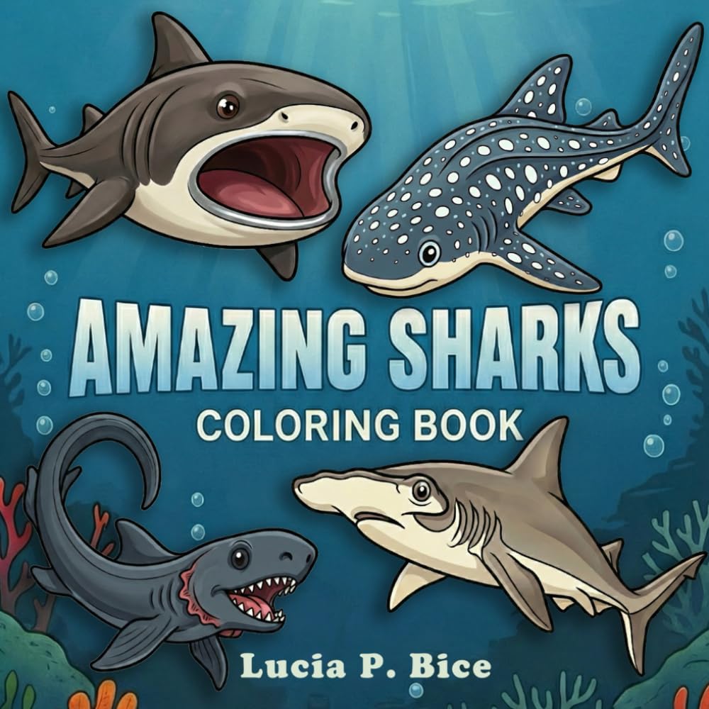 Amazing Sharks Coloring Book: Discover Well-Known Shark Species Illustrated in an Easy Ocean Scene, for Kids, Teens and Adults