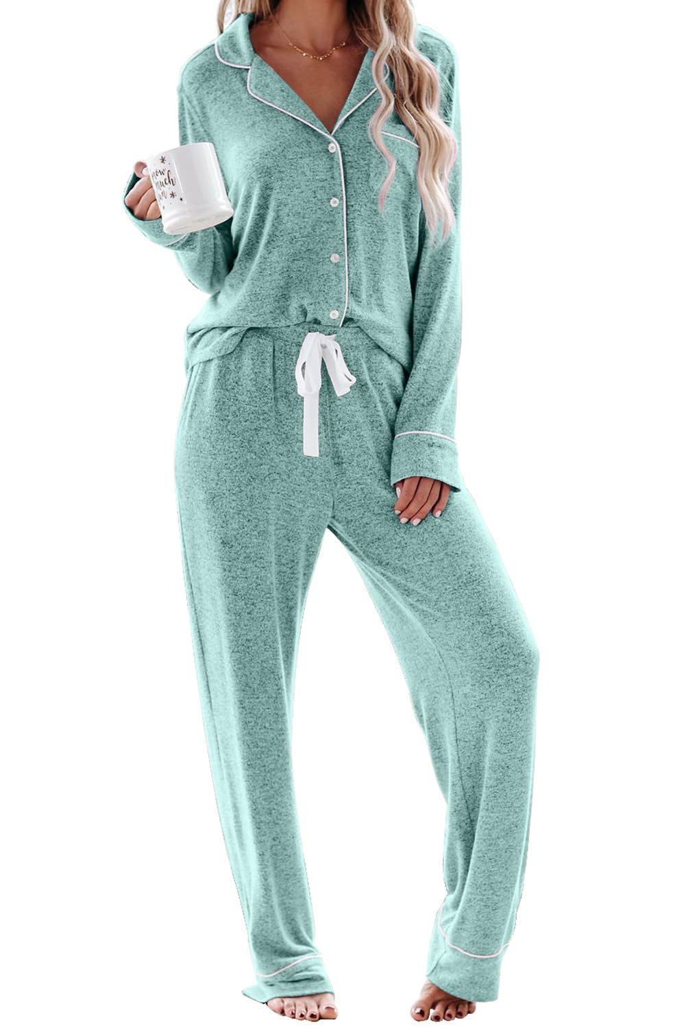 Aamikast Women's Long Pyjama Sets with Button Placket, Two-Piece Sleepwear, Leisure Suit