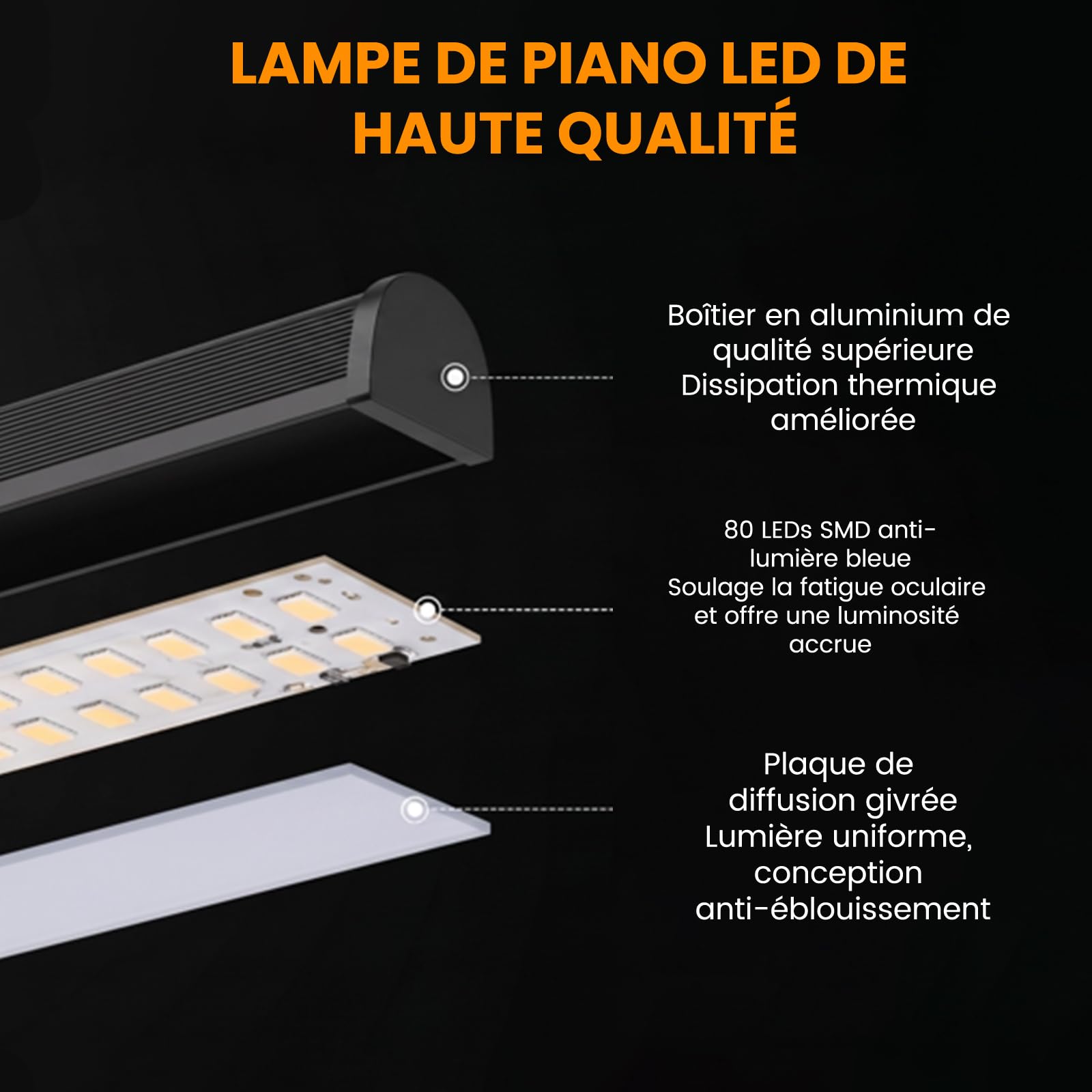 Lampe LED pour Piano, 3 modes de couleur, 10 niveaux de luminosité réglables, alimentation USB, tube flexible à 360°, socle métallique stable, adaptée au piano, piano à queue et bureau
