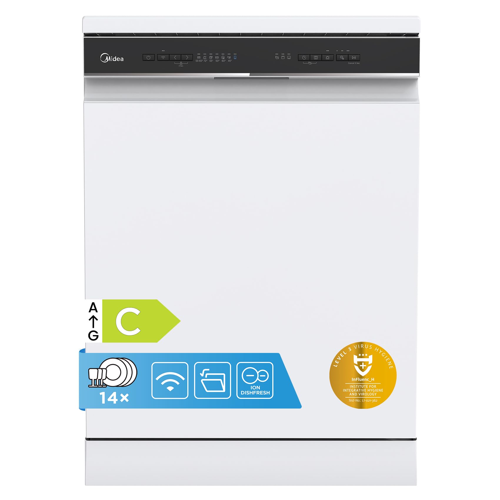 Midea Freestanding Dishwasher with 14 Place Settings, Wi-Fi Connected, 60 cm Width, 44dB Silence, Intensive Wash & Adjustable Basket, White-MDWEF1433D(W) [Energy Class C]