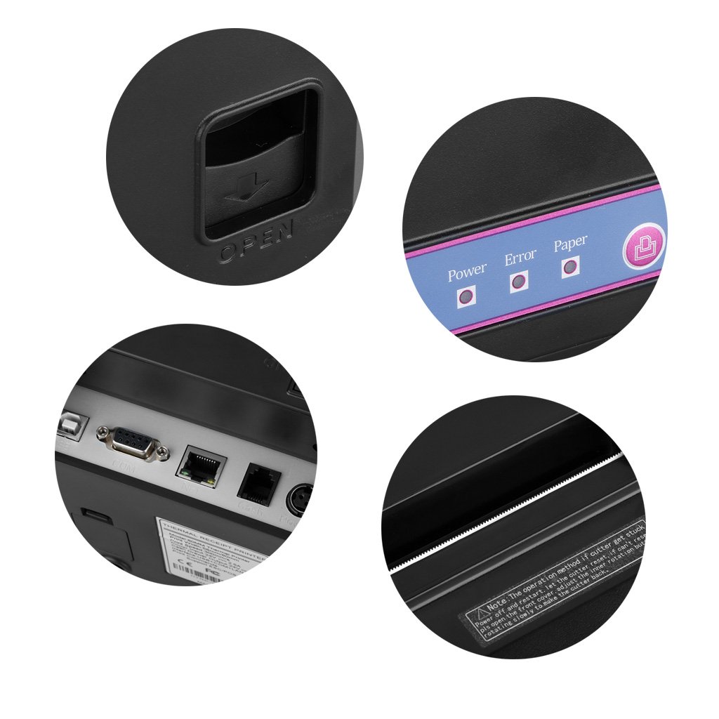 EXCELVAN - Stampante termica per ricevute 300 mm/s 80 mm, taglio automatico USB COM, Internet (100M), Ethernet, porta seriale Android e iOS, Windows e Linux, supporto nero