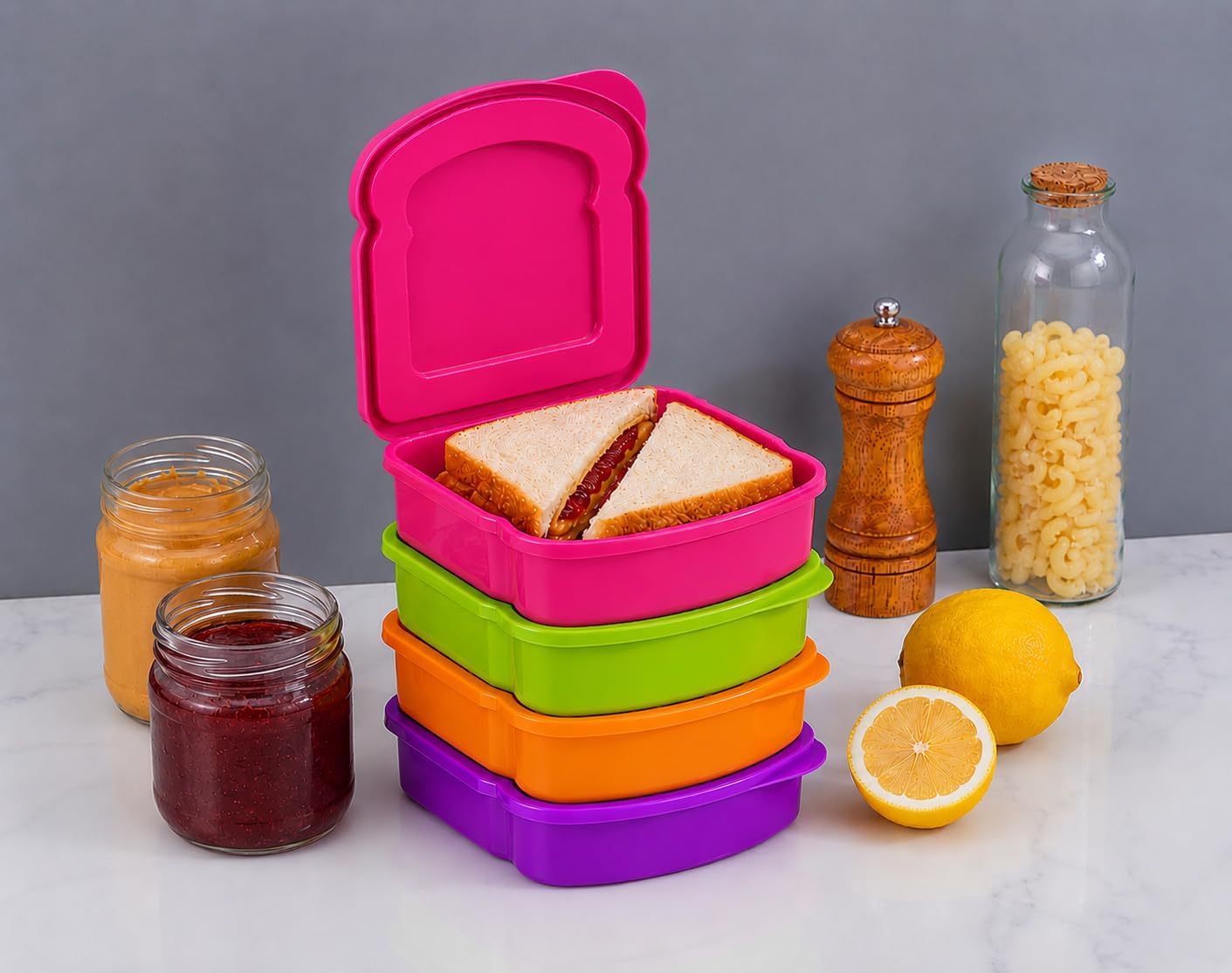 4 Pack - Fun Size Sandwich Containers - Connected Lid Assures Top & Bottom Always Make it Home. Reusable, BPA Free Plastic - Sandwich Box - Use for Fruit, Salad, Lunch Box Snacks and Food Storage