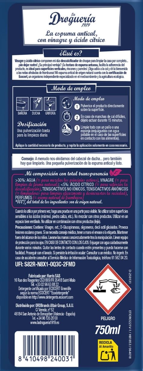 Espuma Antical Ecológica con Vinagre y Ácido Cítrico - 750mL - Espuma Duradera Ideal para Superficies Verticales - Desincrustante Baños y Cocinas