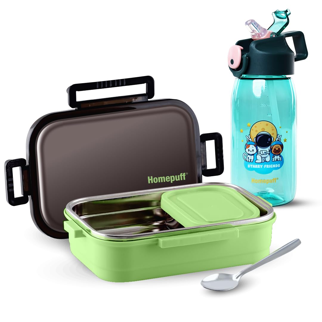 Homepuff Back-to-School Kids Lunch and Water Bottle Set, 800ml Steel Lunch Box with Spoon + 550ml Kids Water Bottle Sipper with Straw, Leakproof, Easy to Carry, BPA Free & Food Safe, Green (B0CQK3KZT3) Amazon Price History, Amazon Price Tracker