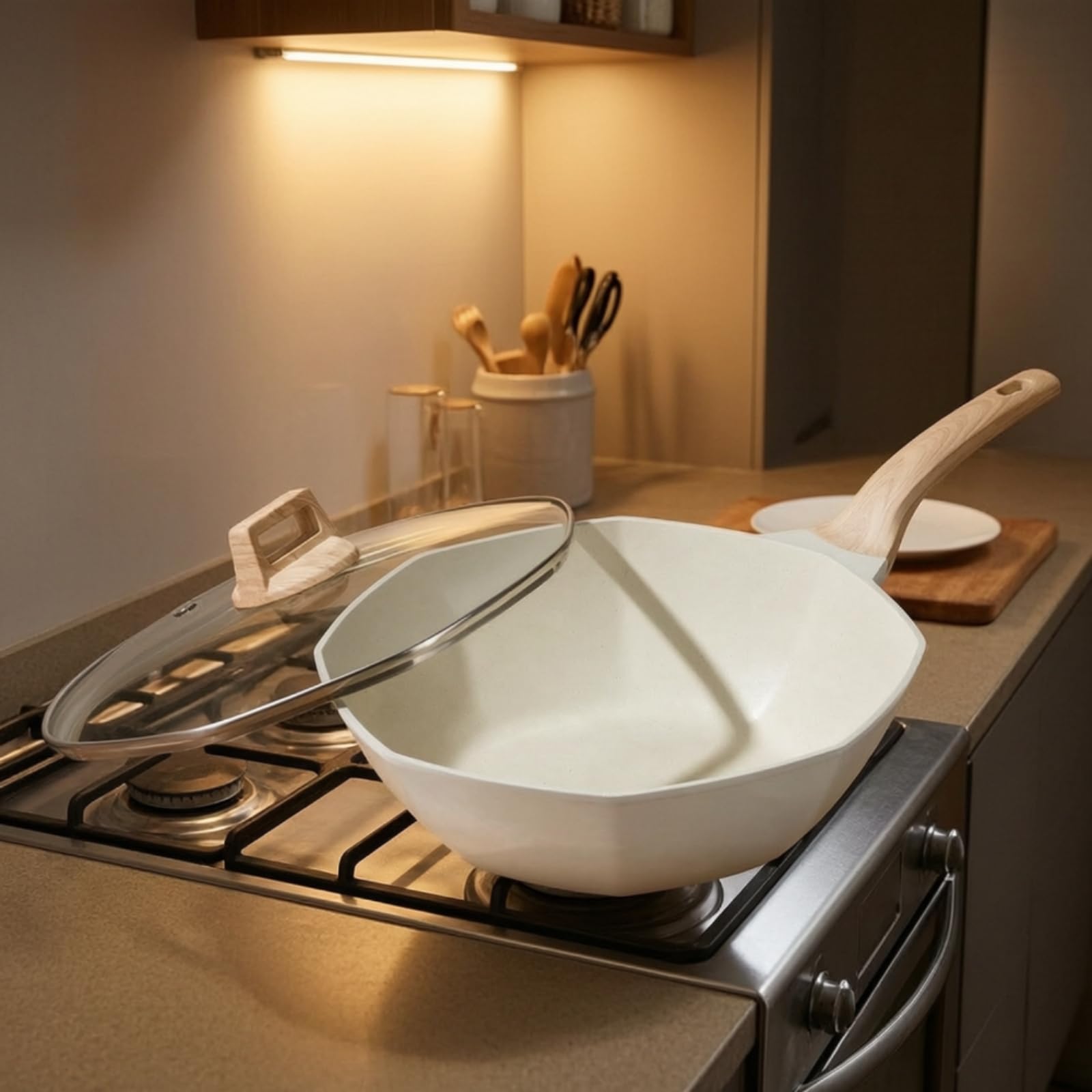 Wok Ottagonale con Rivestimento in Pietra Rivestimento in Pietra Adatto a tutti le Piastre Cottura Wok con Manico Legno Spazioso Pentola, 32CM A