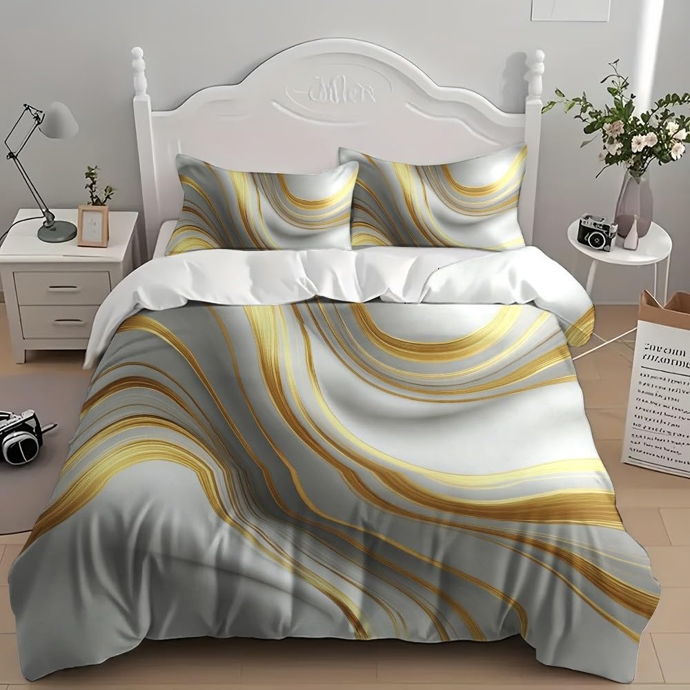 Copripiumino 155x200 cm Oro 3 pezzi, microfibra ipoallergenica | Chiusura a cerniera con 2 federe 50x80 cm Astratto Lussuose Onde di Marmo morbido e adatto a bambini e adulti
