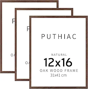 puthiac 12x16 Walnut Oak Wood Picture Frame - Minimalist 12x16 Poster Frame, 12"x16" Picture Frame Wood, Natural Solid Wooden Picture Frames for Wall Art Photo and Prints (3 Pack, Walnut)