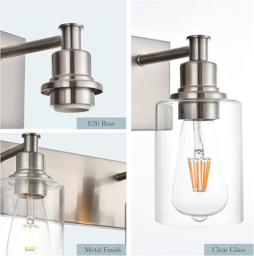 Miniatura 6 de 6 luces de tocador de baño, iluminación industrial de montaje en pared con vidrio transparente, luces de tocador de metal de níquel cepillado para