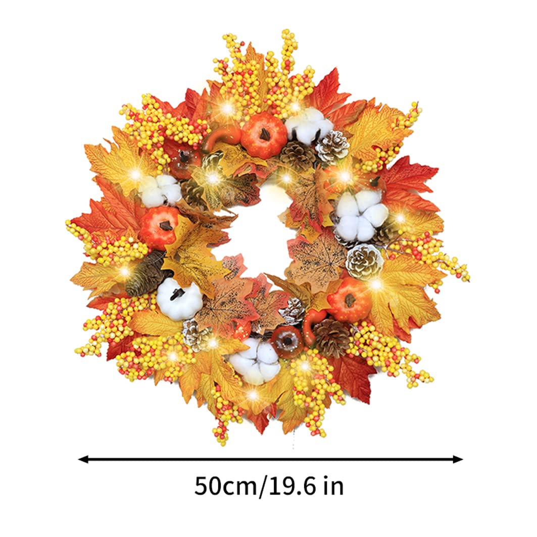 Guirnalda de simulación de otoño con luz LED 50 cm Hoja de arce Calabaza Guirnalda de bayas Guirnalda de puerta artificial de mimbre Colgante de pared Decoración de otoño para Halloween Acción de grac