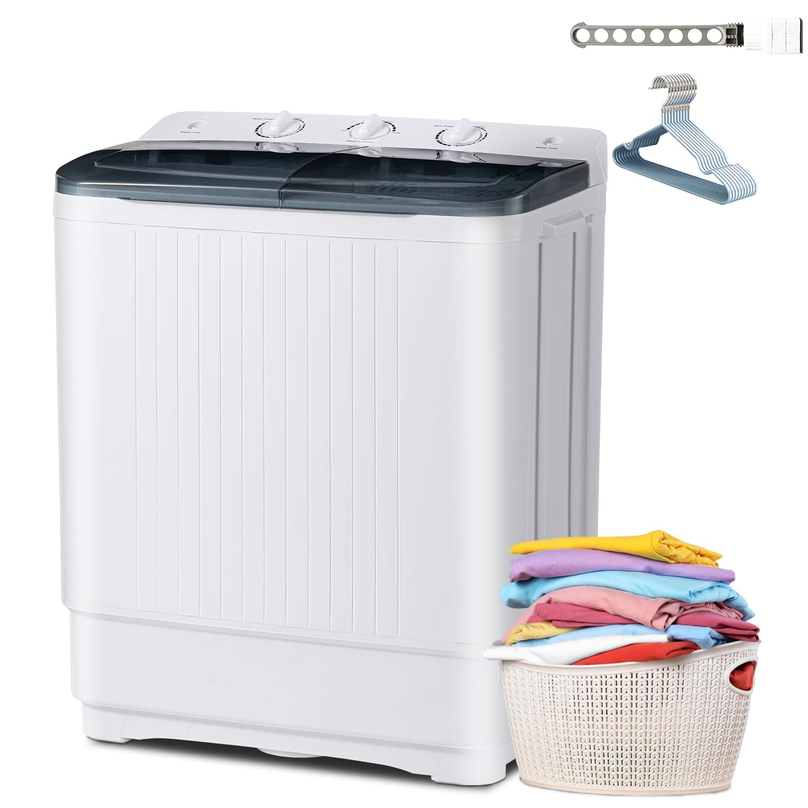 Erivess 32 lbs Compact Mini Twin Tub Washing Machine with Drying Rack&10 Hang...