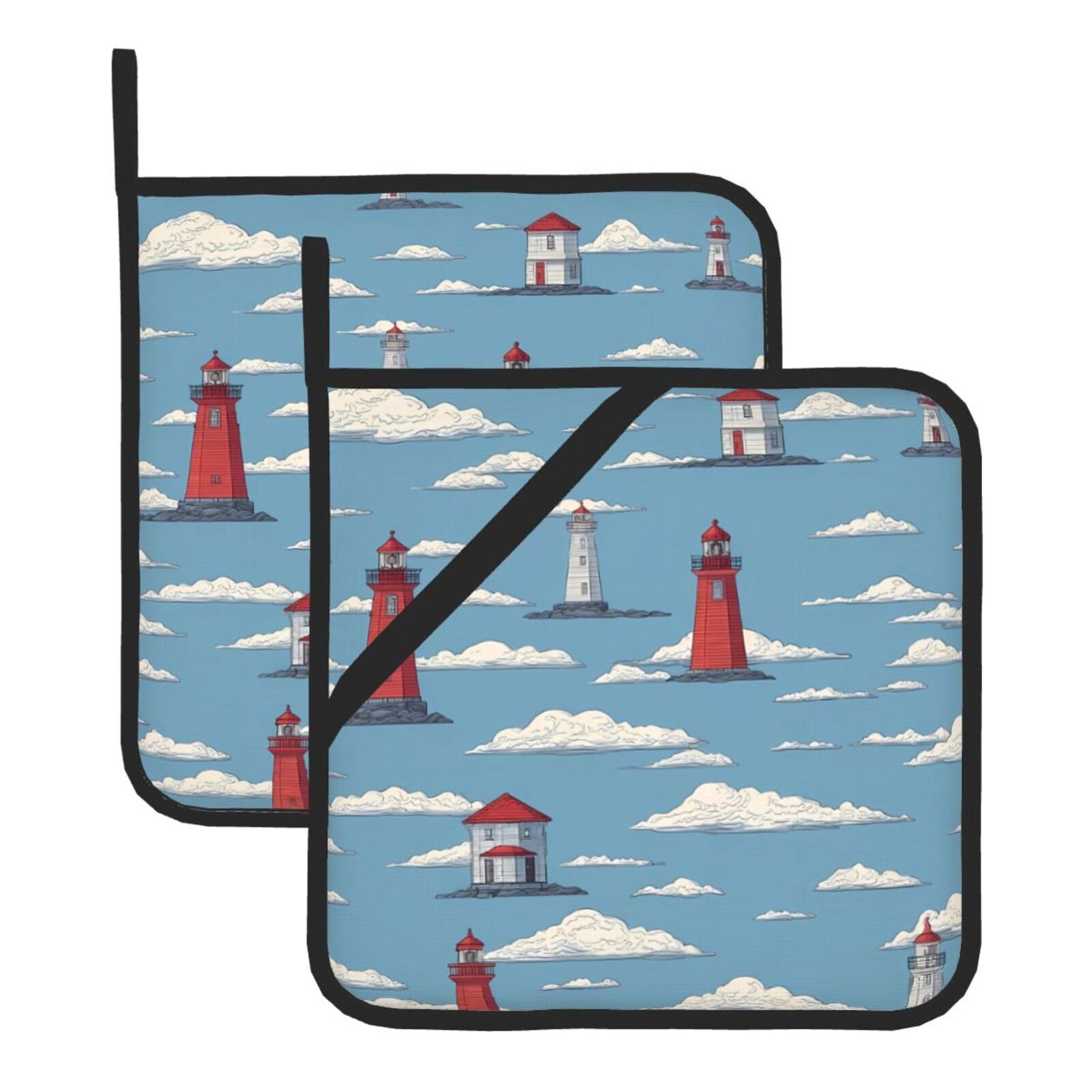 HJFCZH Lighthouse Backdrop Printed Square Insulated Pot Mat Set (2-Piece) 8x8in Waterproof, Thickened & Easy to Clean with Lanyard Design for Kitchen, Oven & BBQ