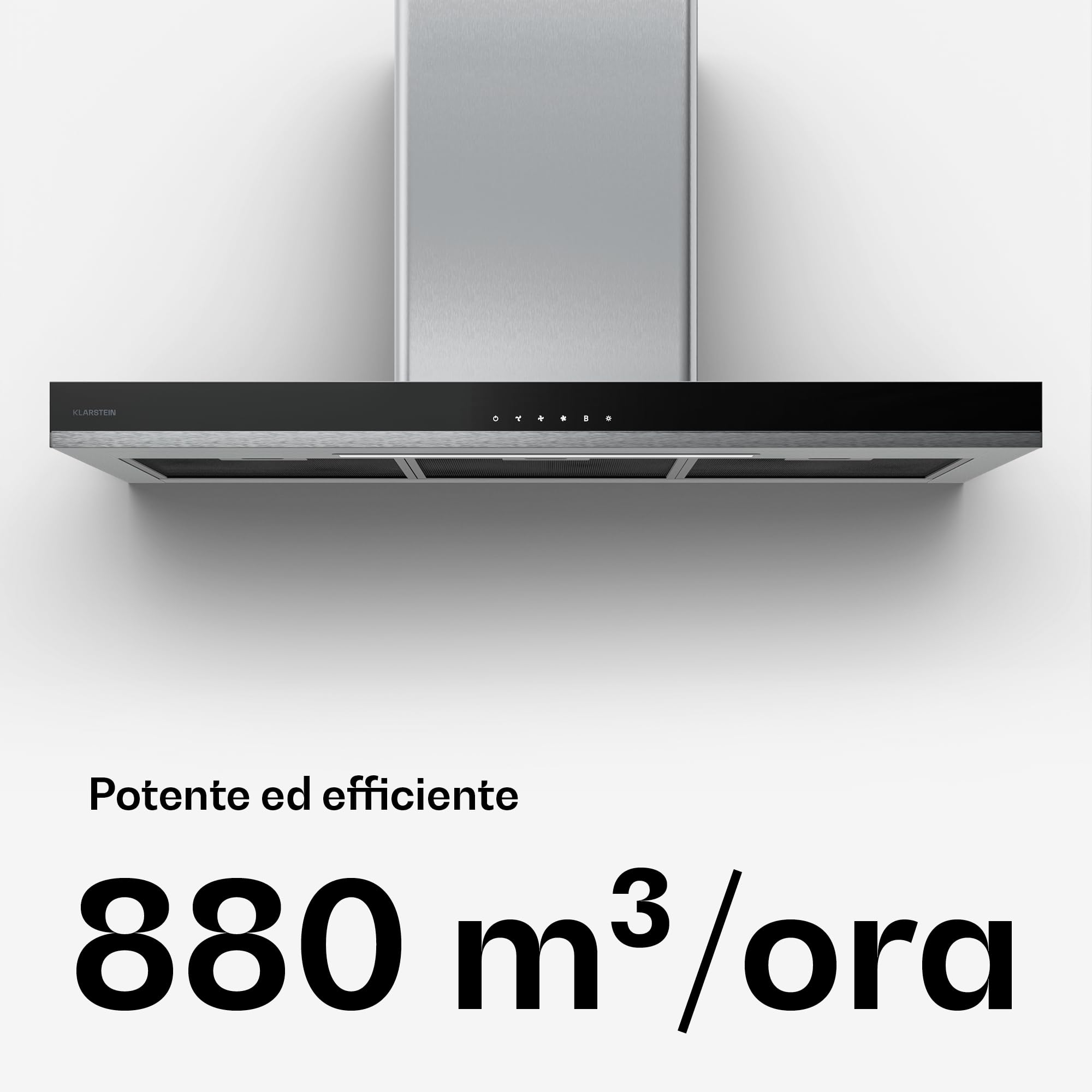 Klarstein Verosteel Cappa Aspirante 90 cm - Cappa a Parete, 881,6 m³/h, Touch, LED, Classe A++, Filtro Lavabile & Carbone, Acciaio Inox, Silenziosa, Design Minimalista