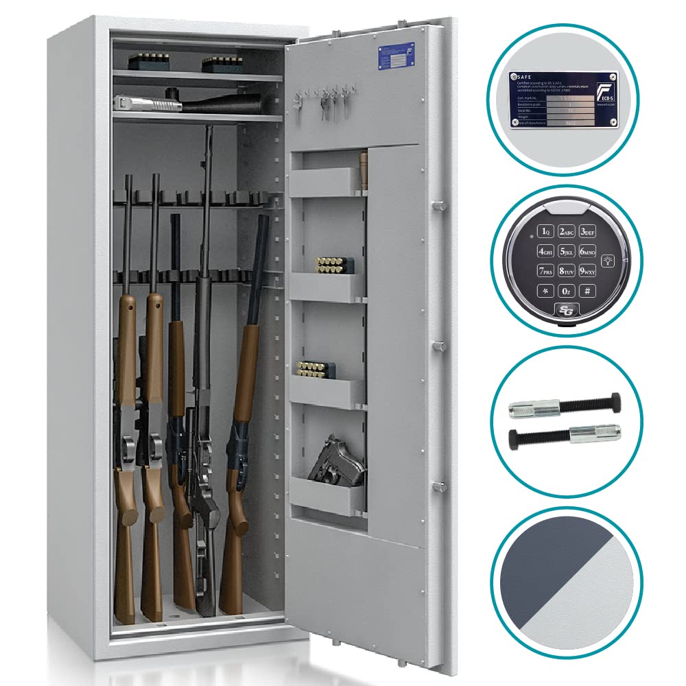 SafeHero Waffenschrank Klasse 1 EN 1143-1 Secureo Eagle 16 XL | Waffenschrank 1 für 16 Langwaffen | Langwaffenschrank mit Elektronikschloss | Konformer Waffenschrank Langwaffen, Kurzwaffen + Munition