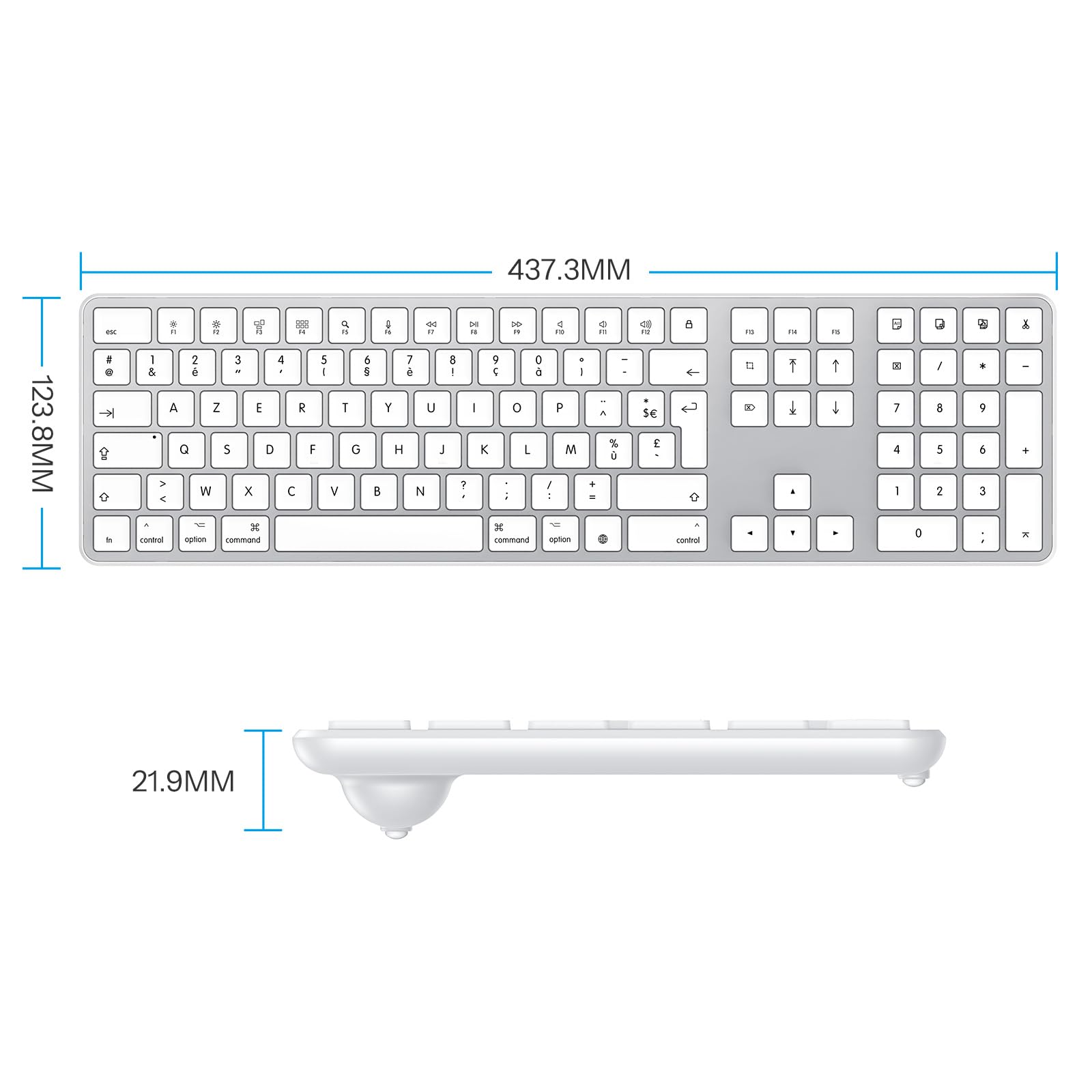 OMOTON Clavier Filaire pour Mac, Câble de Clavier avec Double Port (Type C/USB), AZERTY Français pavé Numérique, Compatible avec Apple Mac Pro/Mini, MacBook Air/Neo, iMac Pro, Argent
