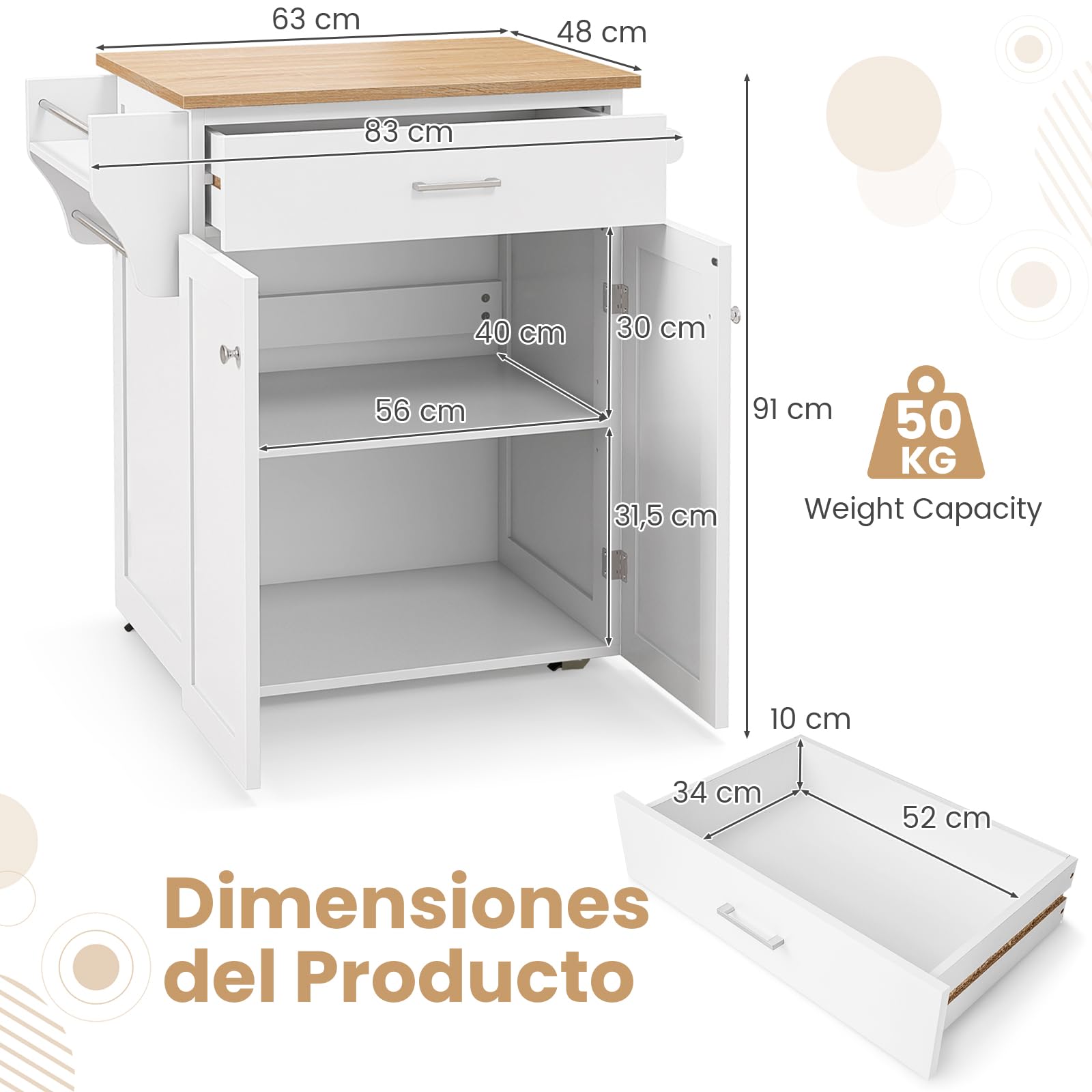COSTWAY Isla de Cocina con Ruedas, Carrito de Cocina con Cajón y Gabinete de Almacenamiento, Estante Ajustable en 3 Niveles para Especias y Barras para Toallas, Carro de Servicio para Comedor