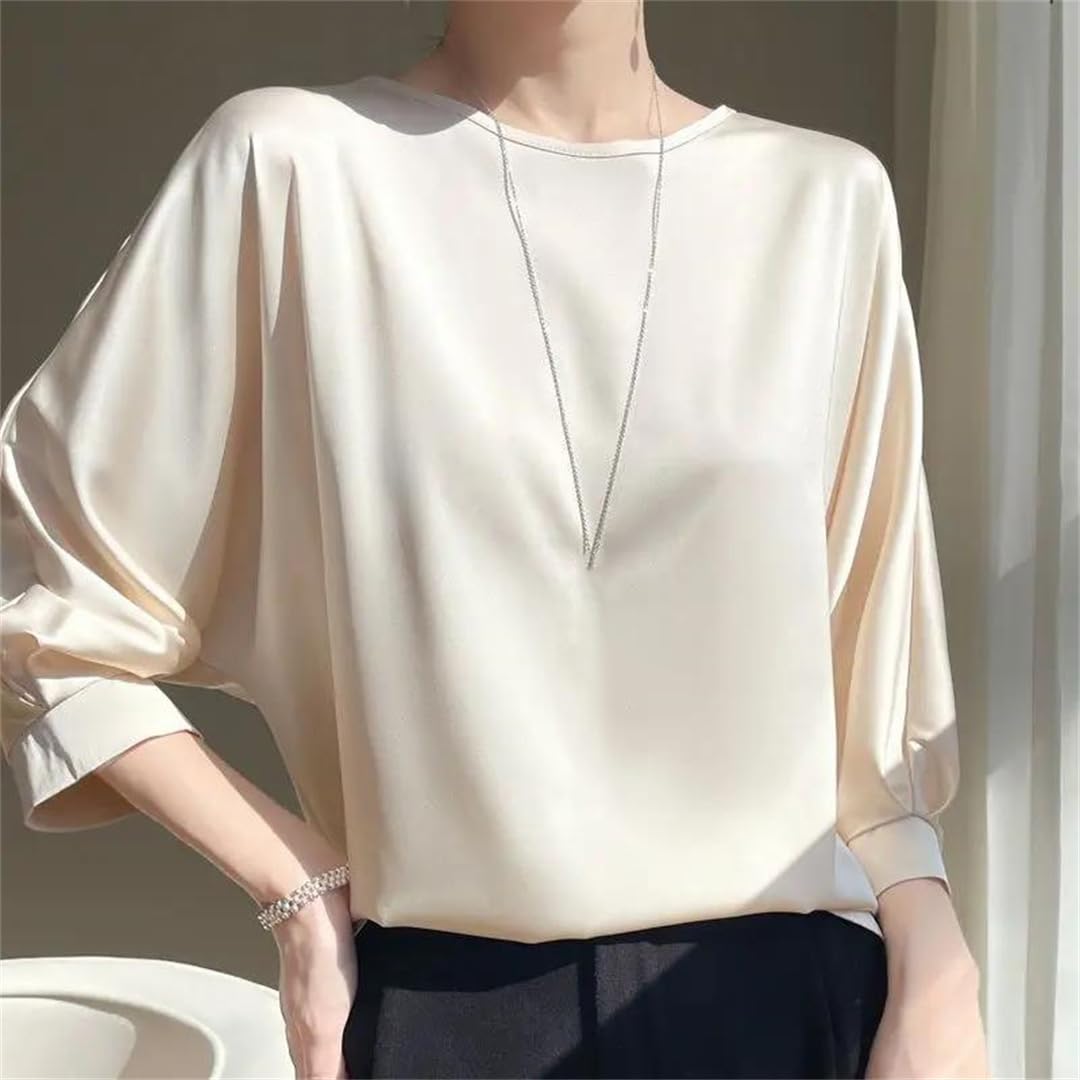 Maglietta estiva da donna in raso di seta a mezza manica t-shirt tinta unita casual O-collo camicie sottili da donna camicette larghe