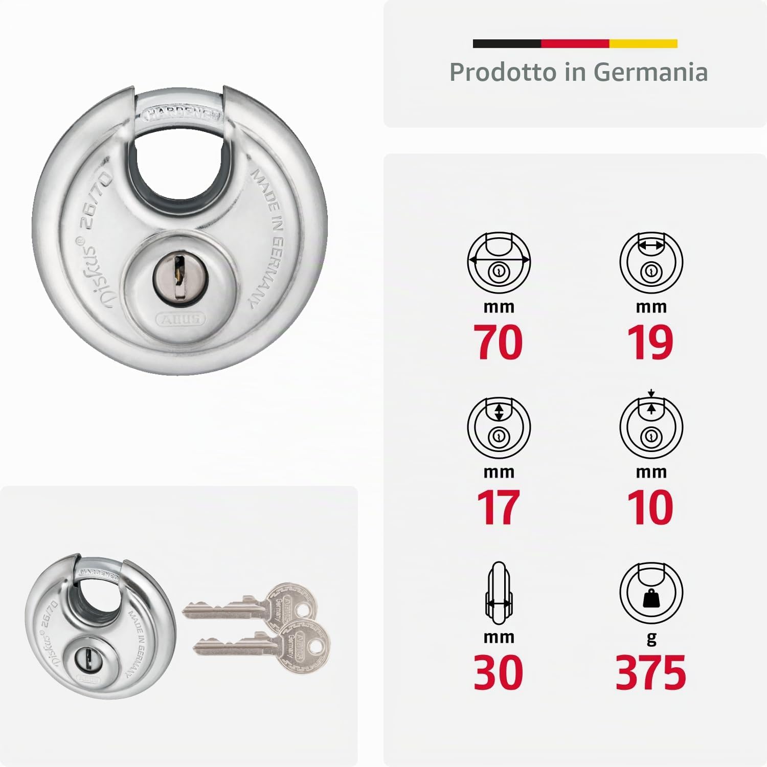ABUS Lucchetto a Disco 26/70 - Sicurezza Livello 8, Antiforo | Corpo in acciaio inox resistente alle intemperie - arco in acciaio speciale - 70x70x30 mm - 403 g - per furgoni e cantine