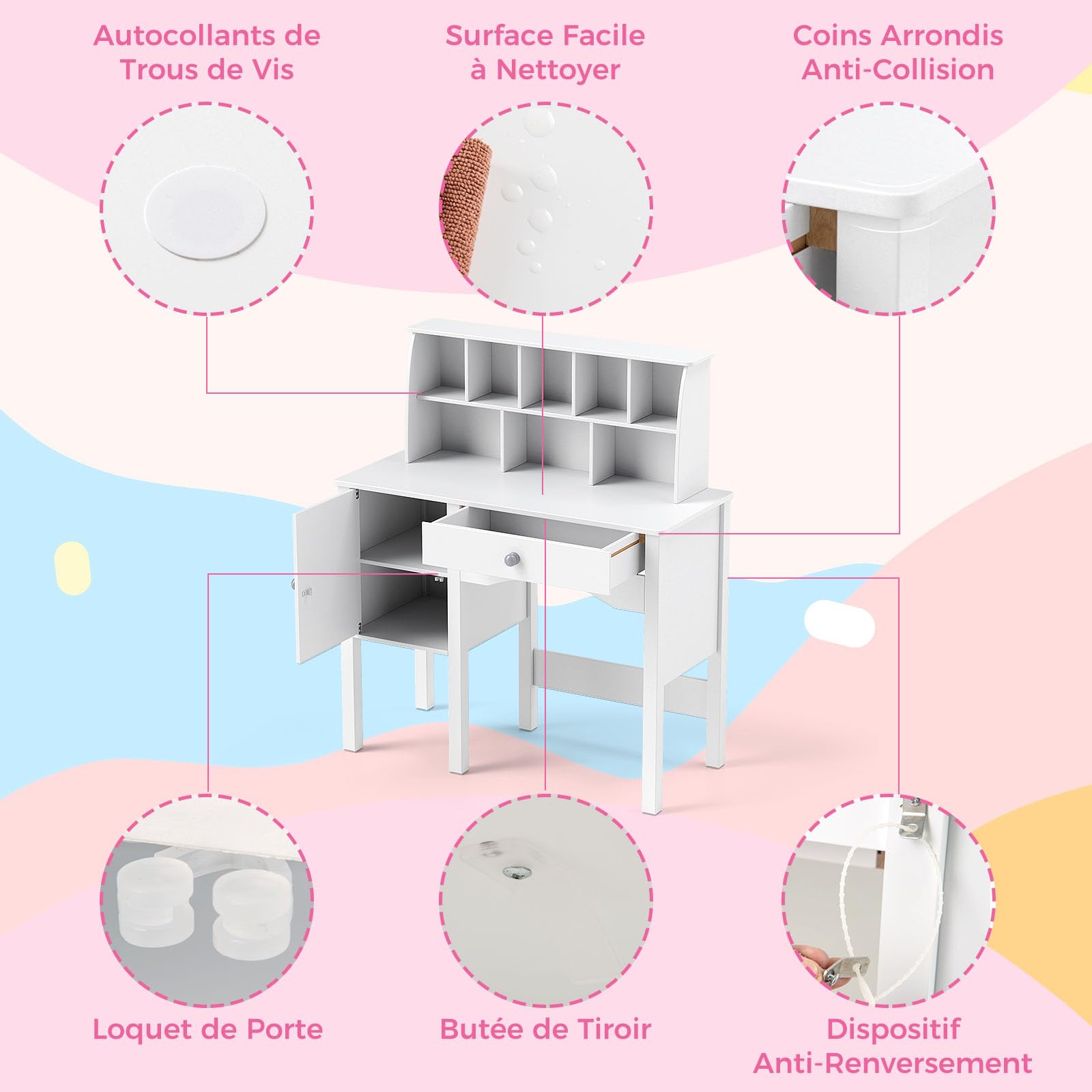 DREAMADE Bureau Enfant avec Chaise Ergonomique, Table d'Activités, Armoire, Tiroir, Blanc 79x34x91CM