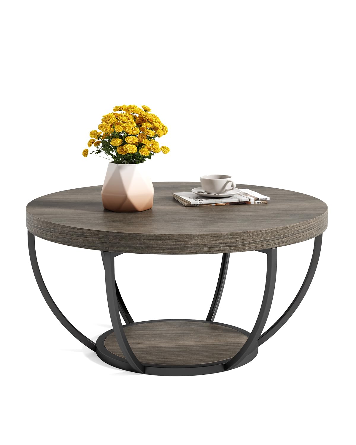 little tree round coffee table, 32" circle coffee tables for living room | 2-tier wood accent center table with open storage industrial design home furniture (grey and black)