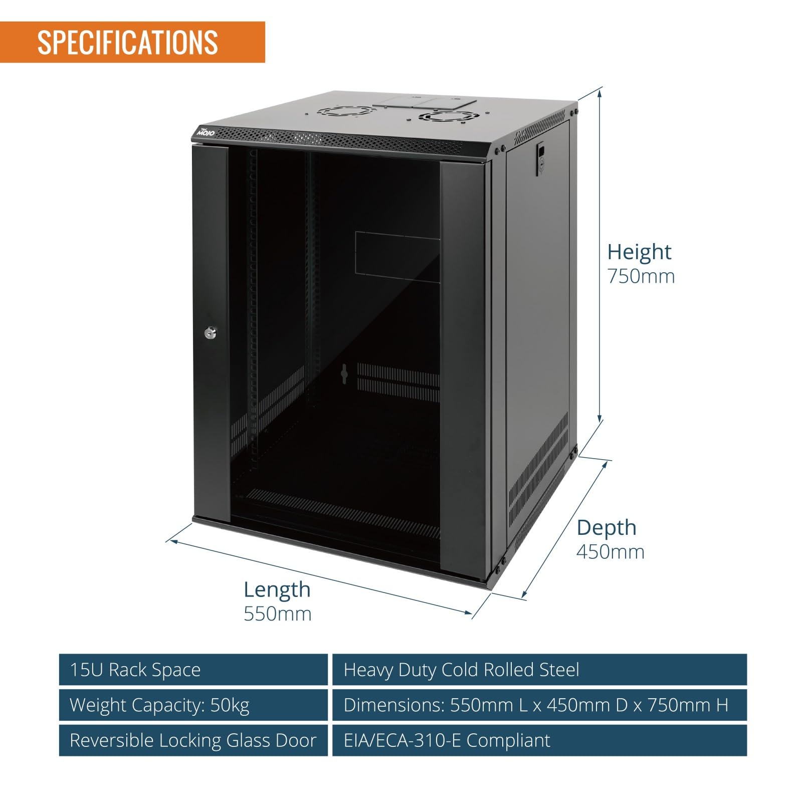 Tecmojo 19 Pulgadas 15U Gabinete de Red, 450mm de Profundidad, Gabinete de Servidor de Pared, Gabinete de Red IT de 19", Puerta y Paredes Laterales con Cerradura, Puerta de Cristal, Negro