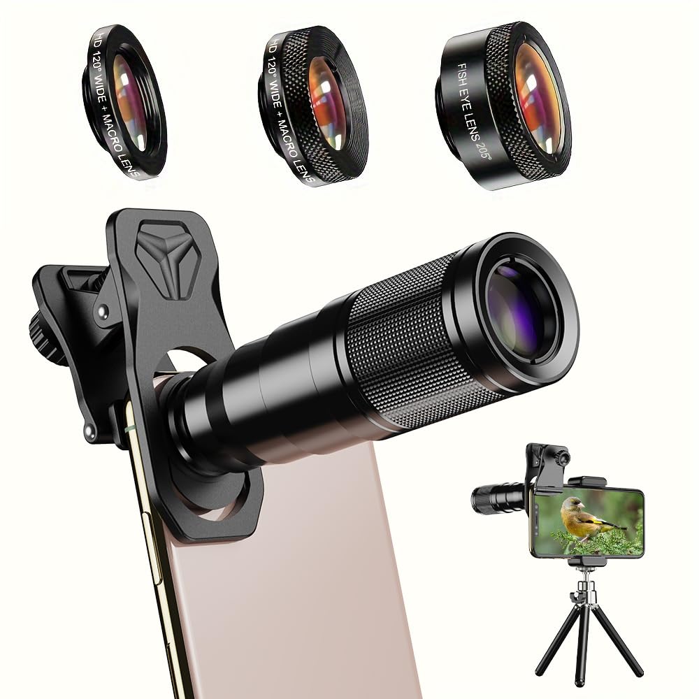 6 in 1 Phone Lens Kit - 22x Telephoto Lens, 205 Fisheye Lens, 120 Wide Angle Lens 25X Macro Lens(Screwed Together), Compatible with iPhone,Samsung,Pixel.