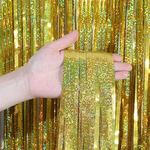 Image of CYLMFC Gold Fringe Curtain - 2 Packs 3ftx8ft Sparkle Metallic Party Backdrop Curtain Photo Booth Props Birthday Decorations Gold Birthday Backdrop