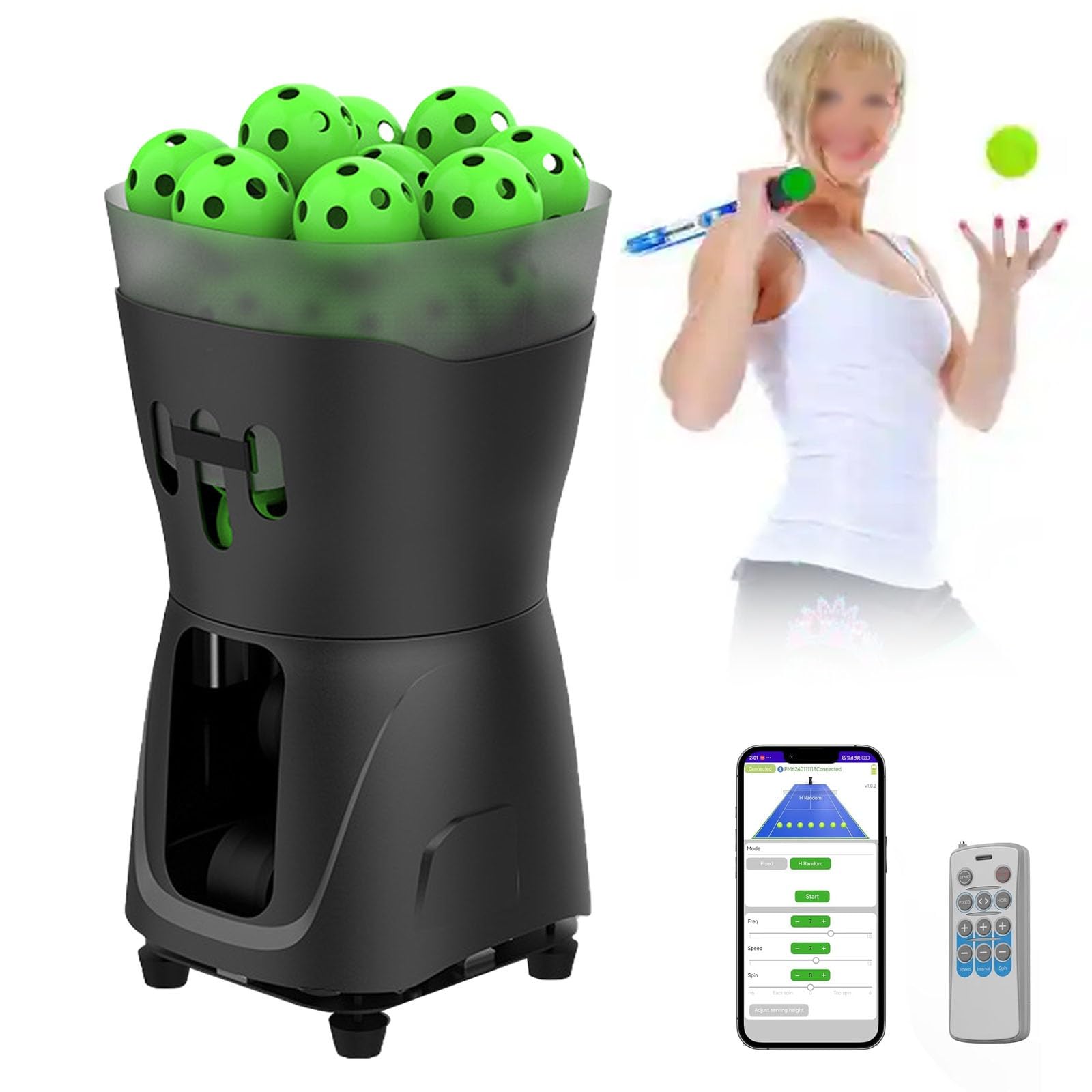 Máquina de pelotas de tenis, lanzador automático de pelotas con velocidad y giro ajustables, capacidad de 45 pelotas, frecuencia de alimentación de pelota de 1.8 a 8 segundos para práctica en