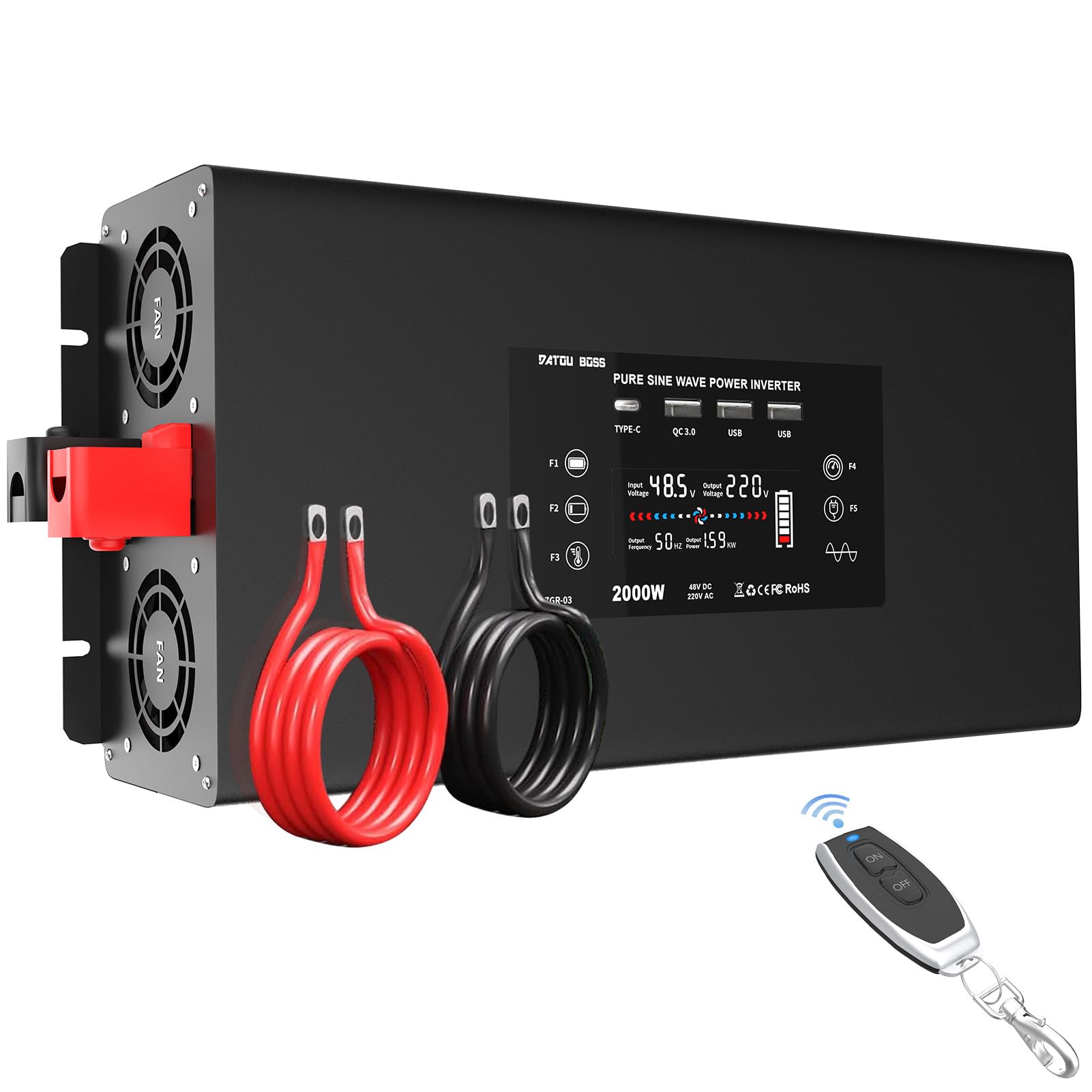 DATOUBOSS Inverter 48v 220v Onda Pura 2000W/4000W Convertitore Inverter con 2 Prese EU 2 Porta USB QC3.0 Type-C e Display LCD per Camion Camper Auto