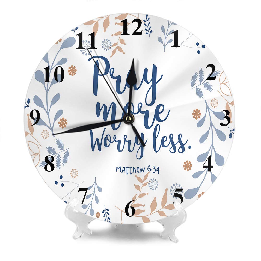 Moslion Pray More Worry Less Wall Clock Floral Wreath Bible Quote Christian Verse Faith Style Round Wall Clock Home Decor Wall Clock for Living Room Bedroom Kitchen Office