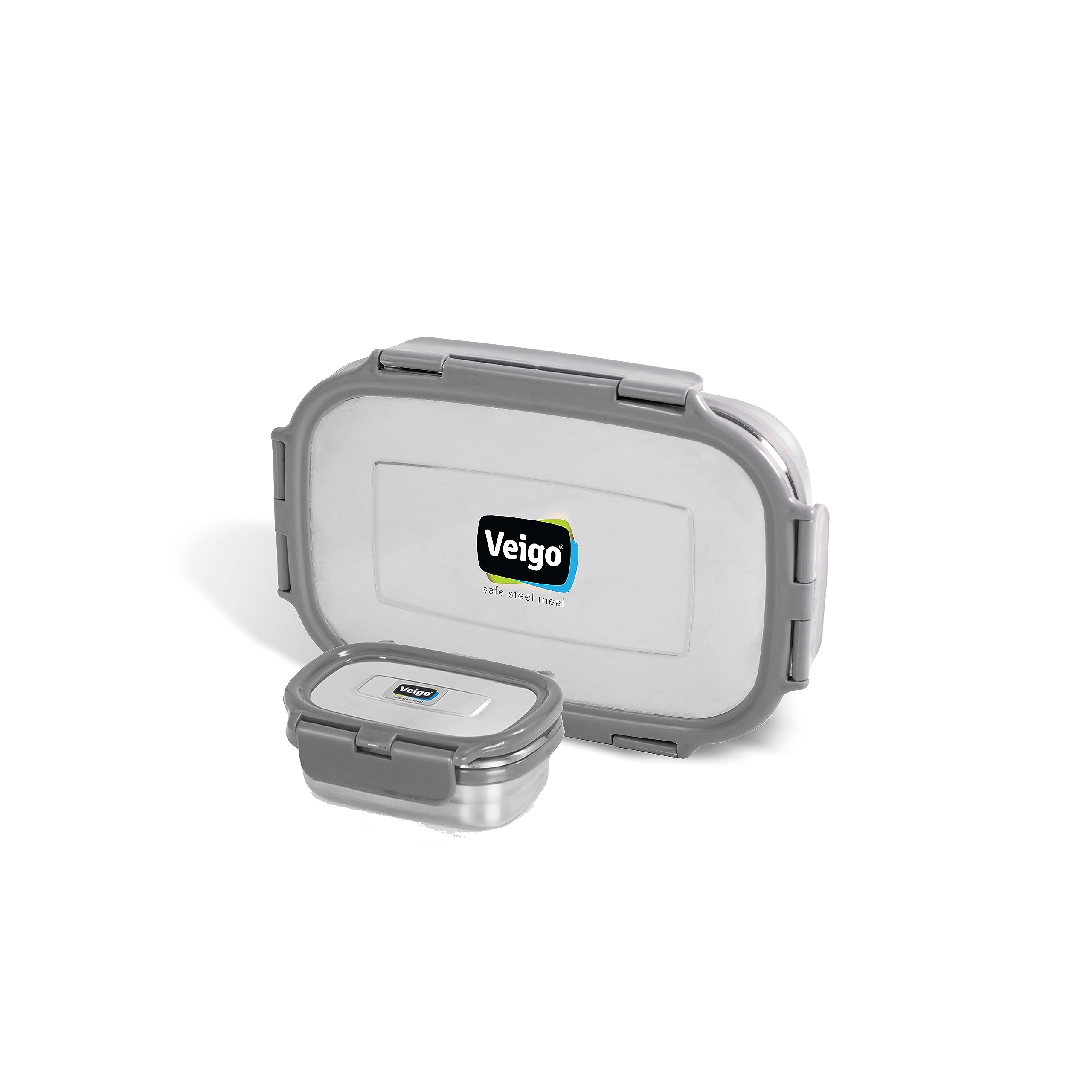 Veigo Steel Lunch Boxes for Office Men, Tiffin Box for Office Men, Lunch Box for Kids, Jumbo 950 ml, 180 ml Veg Box | Detachable Clips | Leakproof & Airtight | Durable Stainless Steel Lid | Grey