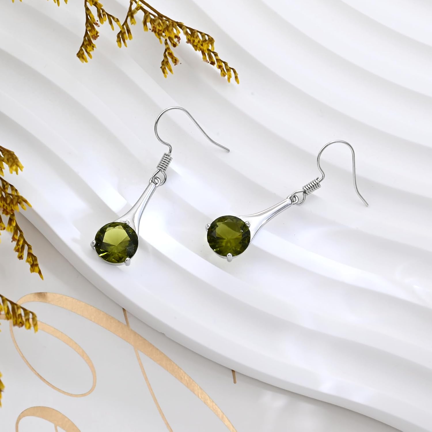 Silver Peridot Teardrop Earrings for Women - Elegant Drop Design with Round Olive Green Gemstone, Birthstone Dangle Earrings for Party & Daily Wear - Image 6