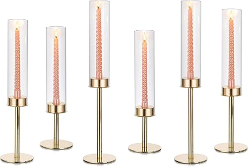 Glasseam Juego de 6 portavelas dorado Hurricane, juego de 6 candelabros altos con chimenea de huracán, moderno portavelas cónico para centro de